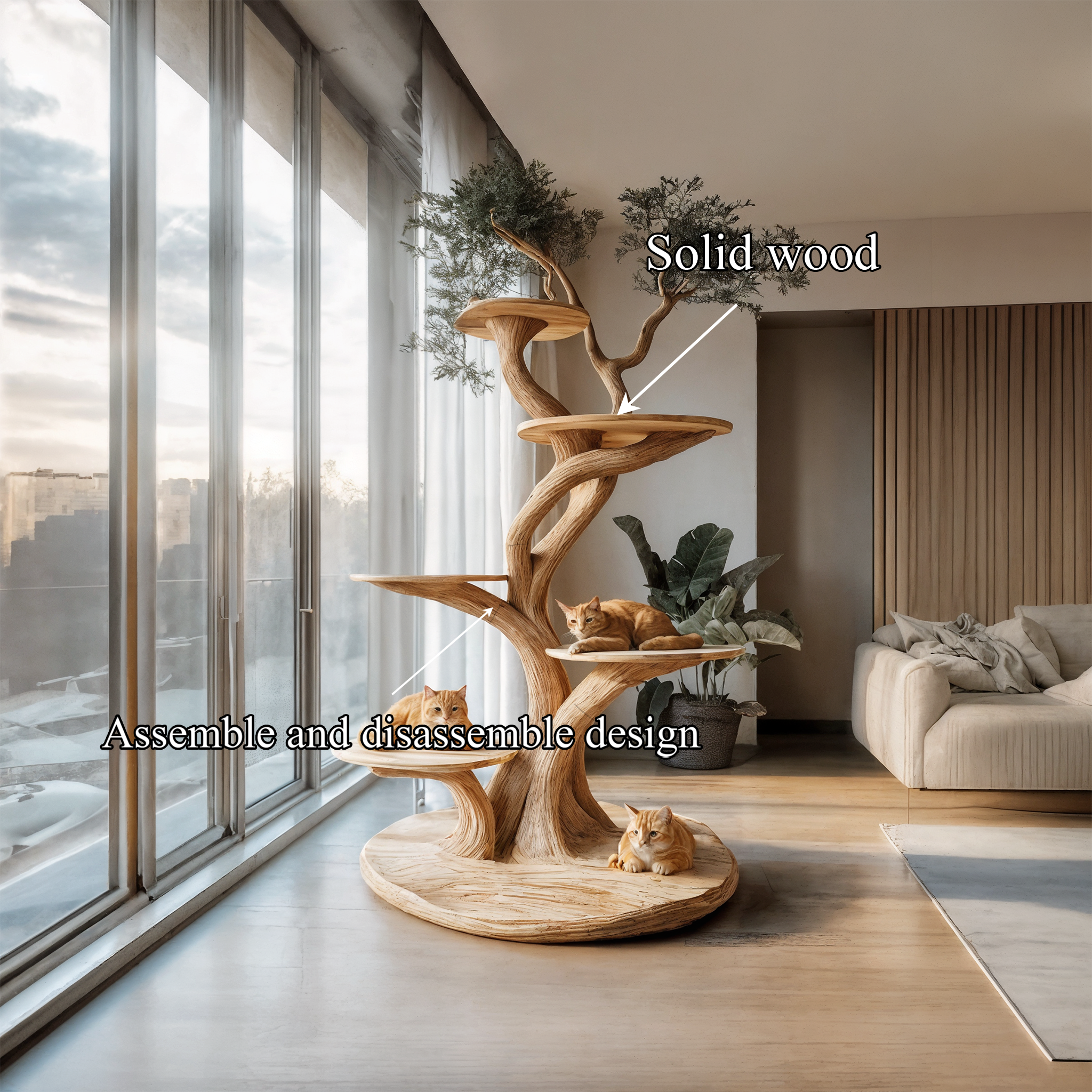 Custom Handmade Wooden Cat Tree Modern Large Climbing Tree Unique SINLTT014