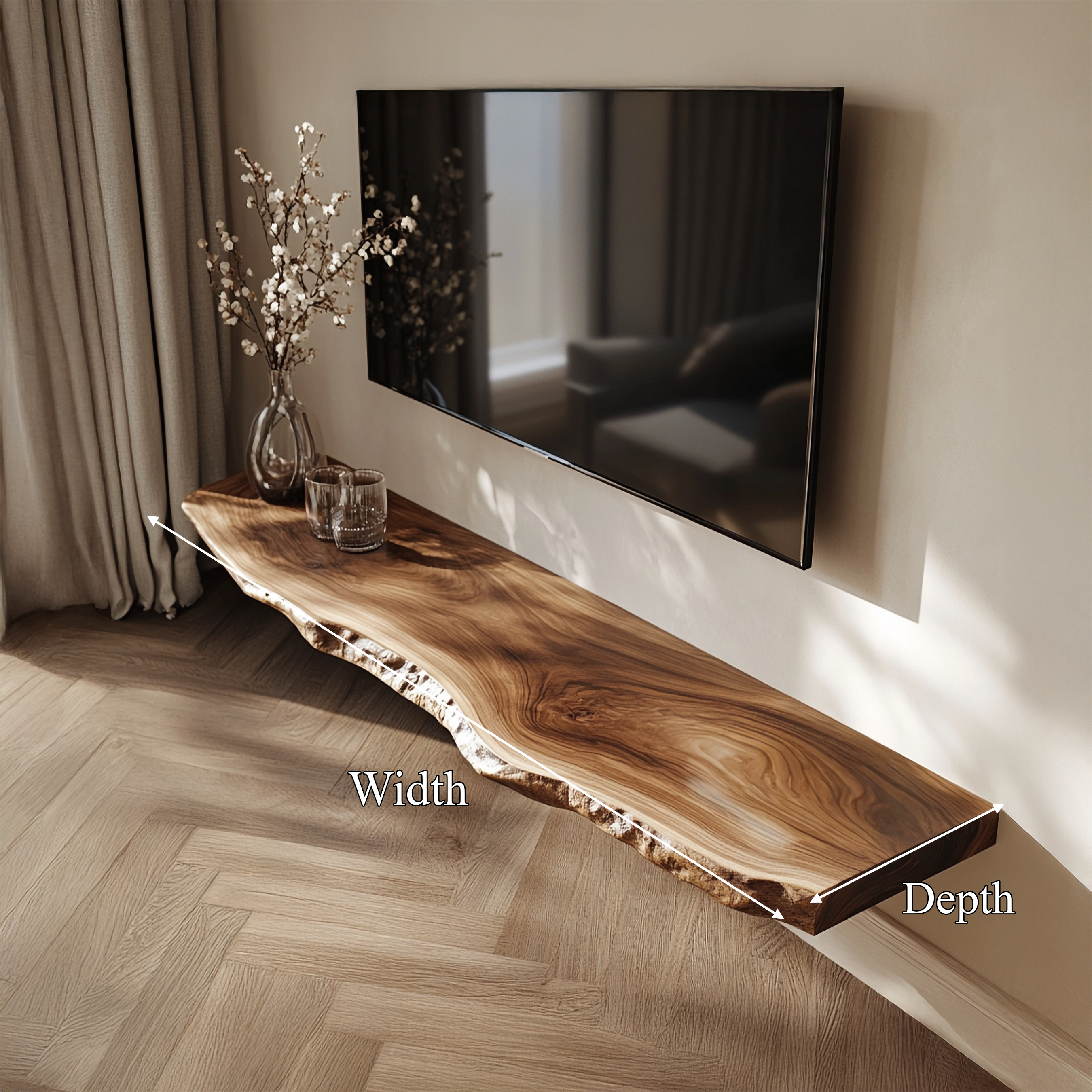 Live Edge Solid Wood Floating TV Console Organic Modern Living Room Interior SINLSAFL362