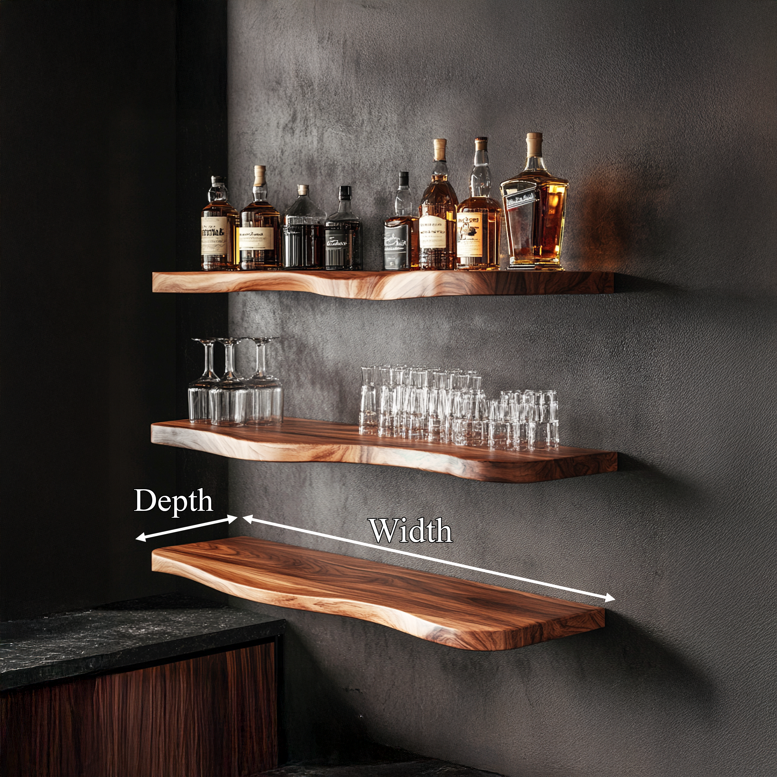 Nature Inspired Live Edge Bar Shelf Solid Wood Home Bar Interior Statement Decor SINLSAFL424