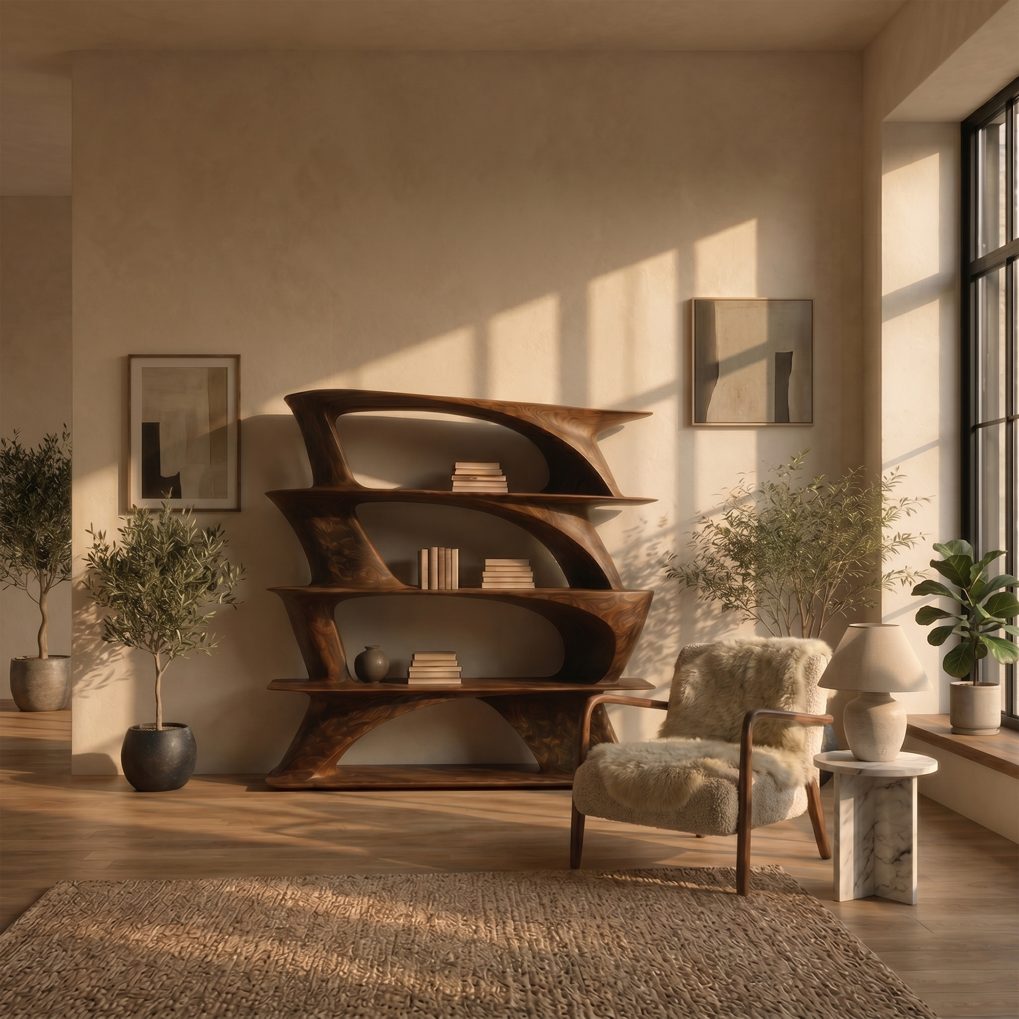 Organic Sculptural Bookshelf With Asymmetrical Open Shelves For Living Room SINLKIBS031