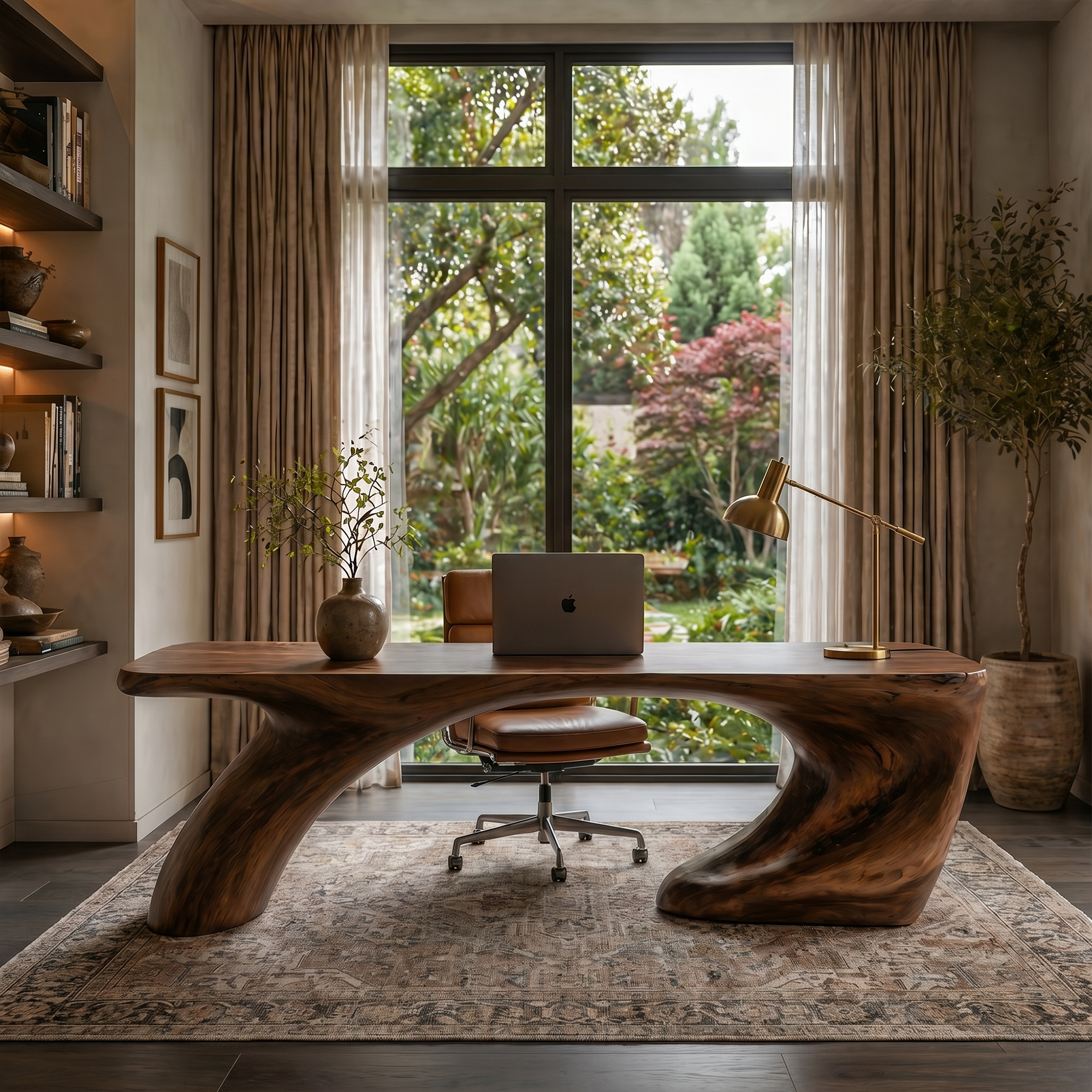 Modern Organic Desk With Sculptural Curved Wood Base And Solid Wood Top For Home Office And Workspace SINLKIDK113