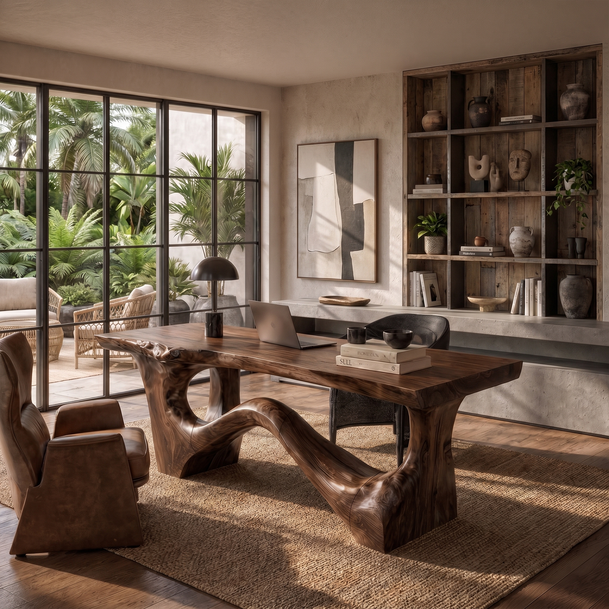 Organic Sculptural Desk With Asymmetrical Wood Base And Solid Wood Top For Home Office And Workspace SINLKIDK114