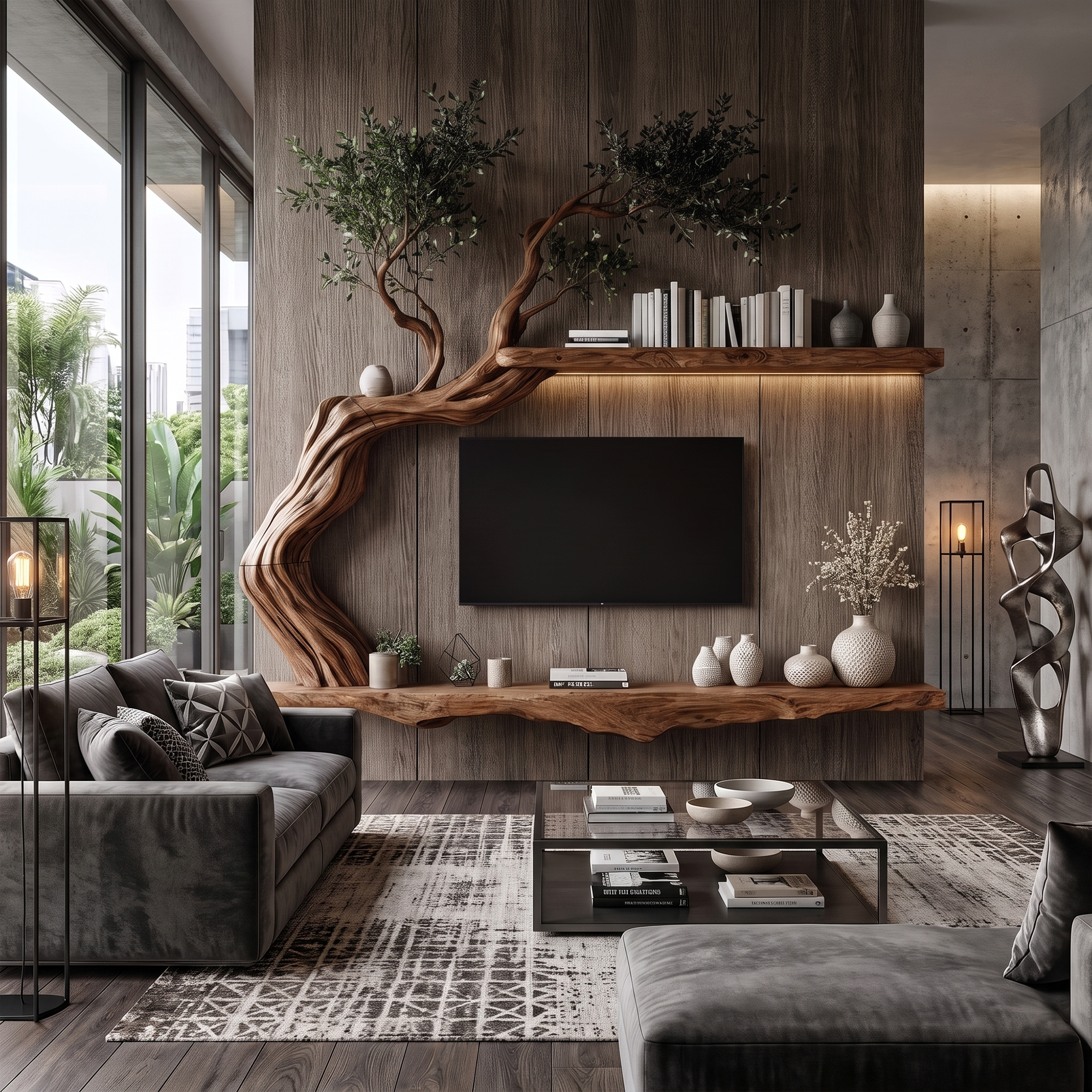 Organic Wall Mounted TV Stand With Sculptural Wood Design For Living Room SINLKITC078