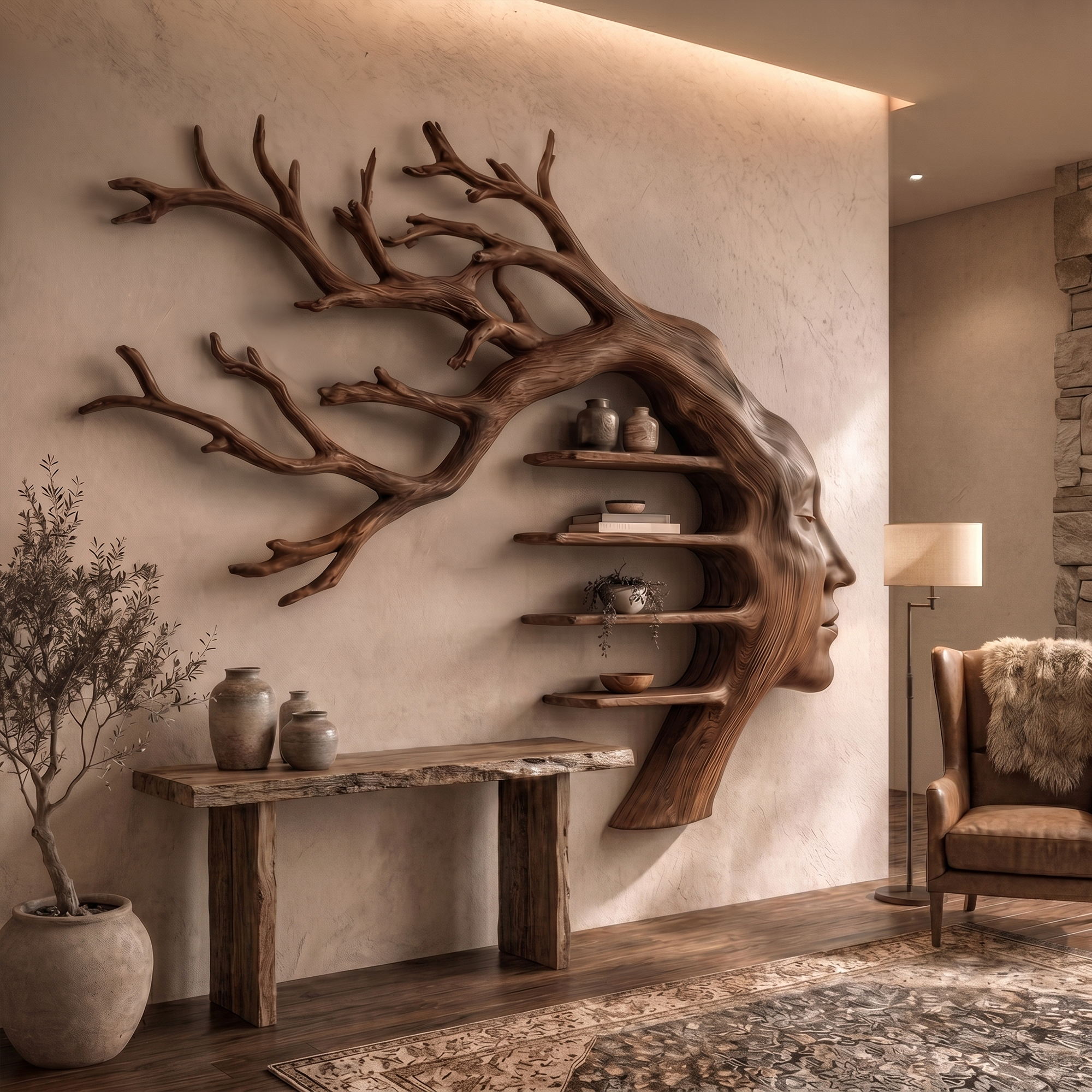 Rustic Tree Branch Wooden Wall Art With Floating Shelves For Living Room And Entryway SINLKIWD105