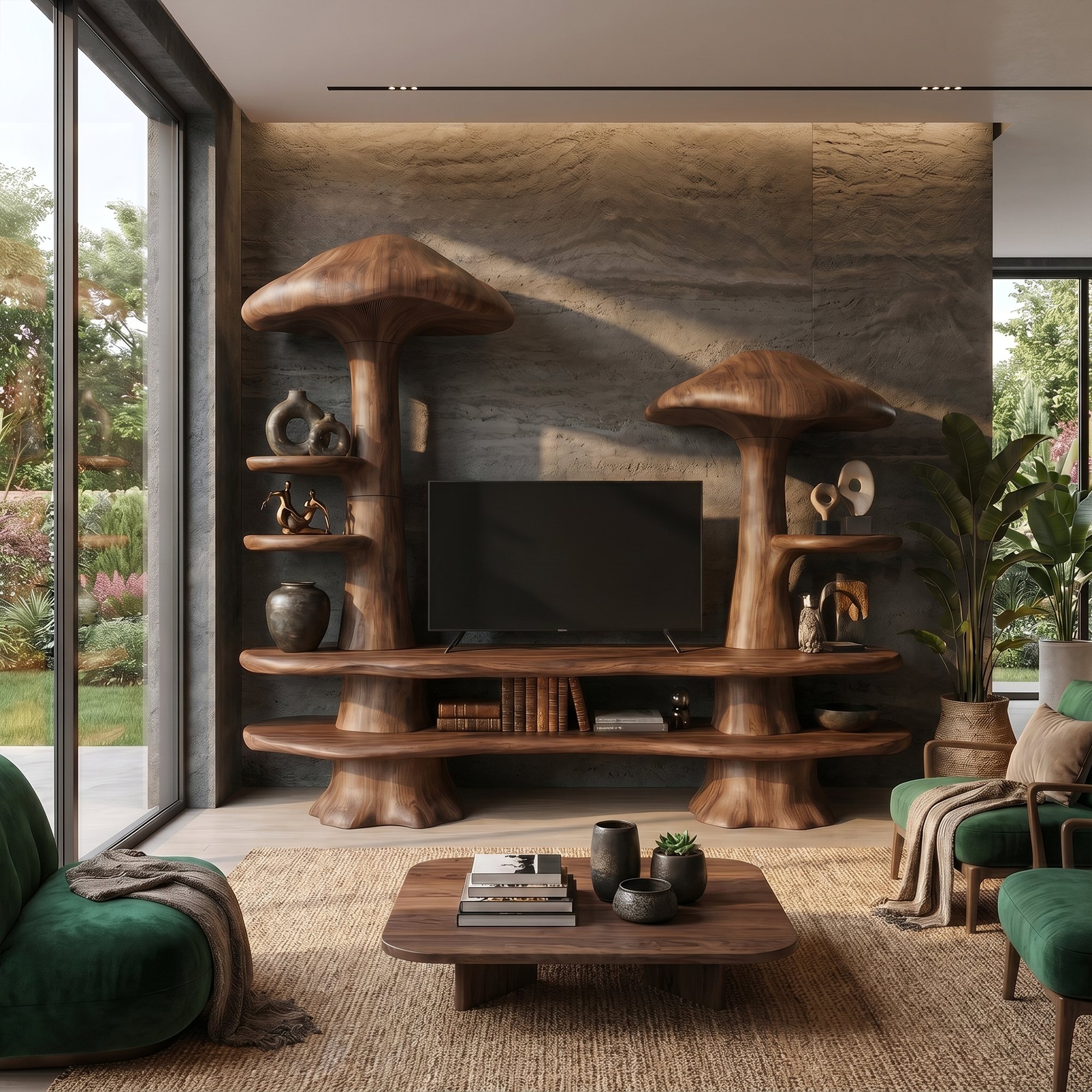 Rustic Mushroom TV Cabinet With Open Display Storage And Media Console For Living Room SINLKITC054