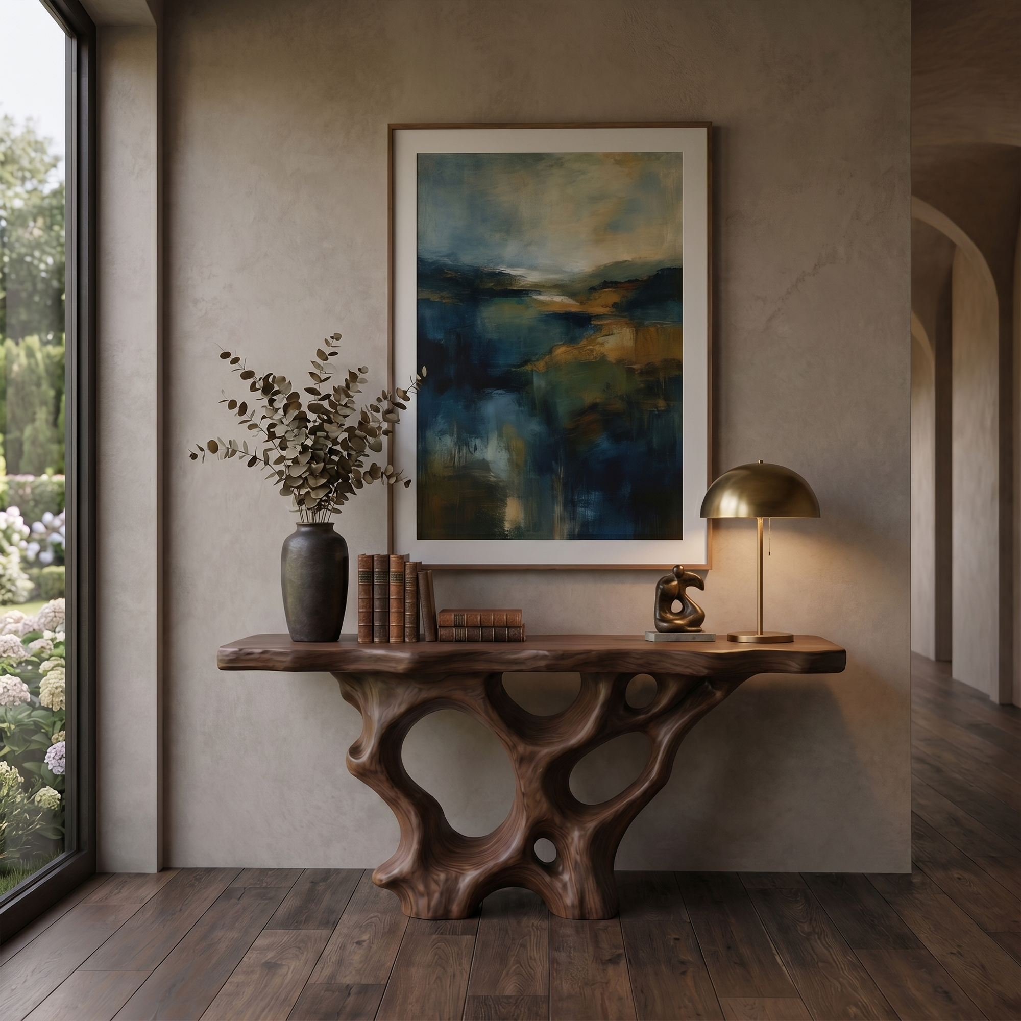 Organic Unique Console Table With Sculptural Natural Wood Base For Living Room SINLKICS599