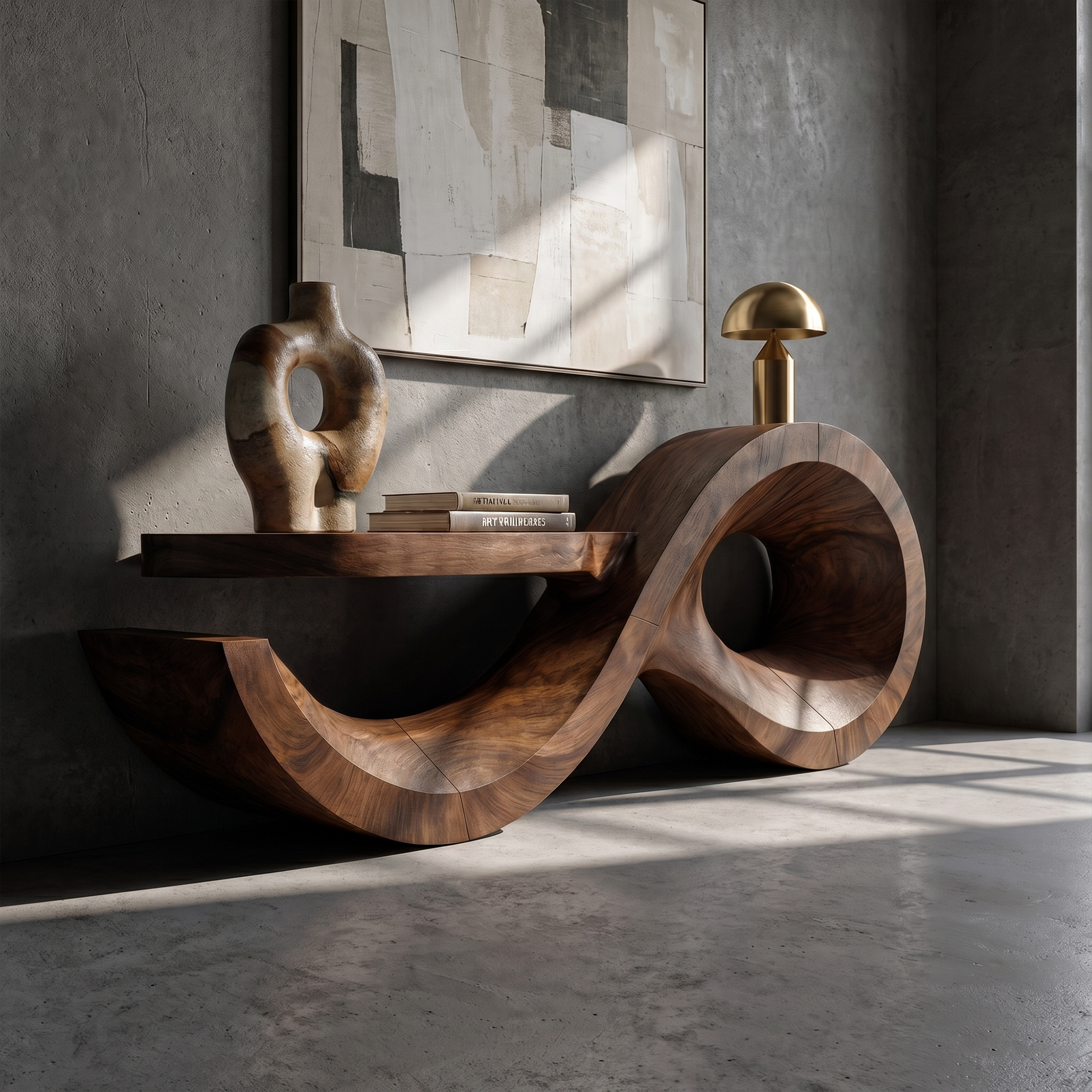 Contemporary Console Table With Sculptural Wave Wood Base And Solid Wood Top For Living Room SINLKICS601