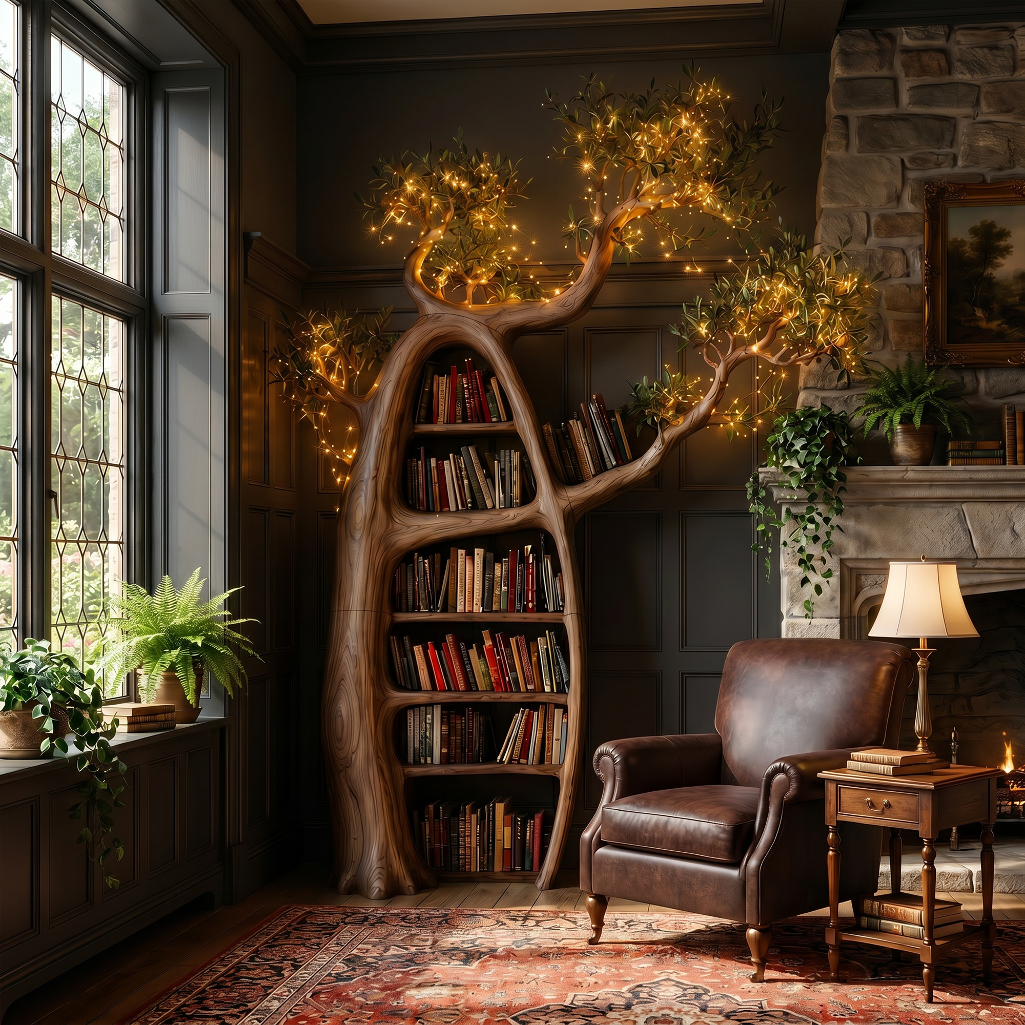 Artistic Tree Bookshelf With Illuminated Branch Crown For Living Room SINLKITB752