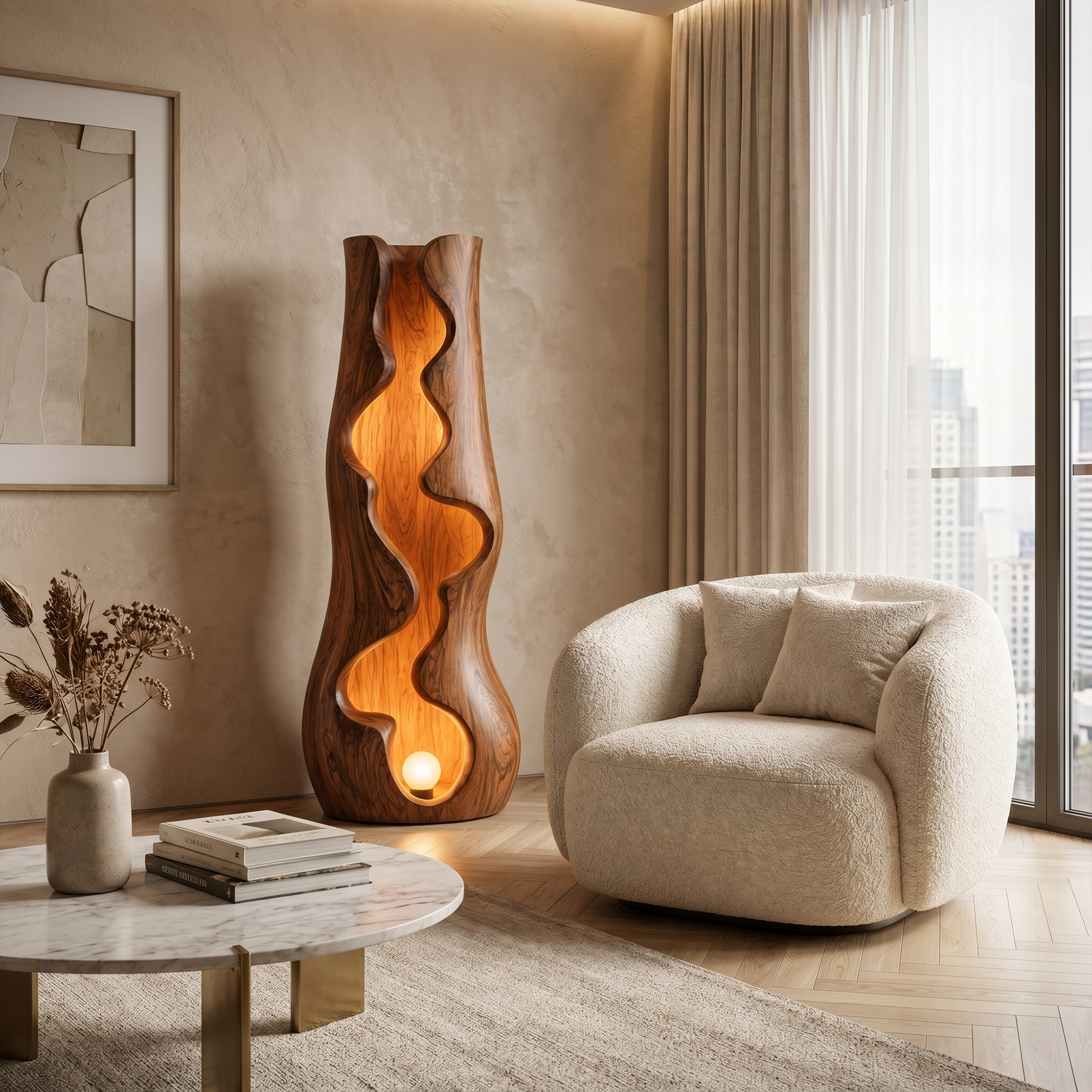 Organic Floor Lamp With Sculptural Wave Wood Design For Living Room And Bedroom SINLKIFLP105