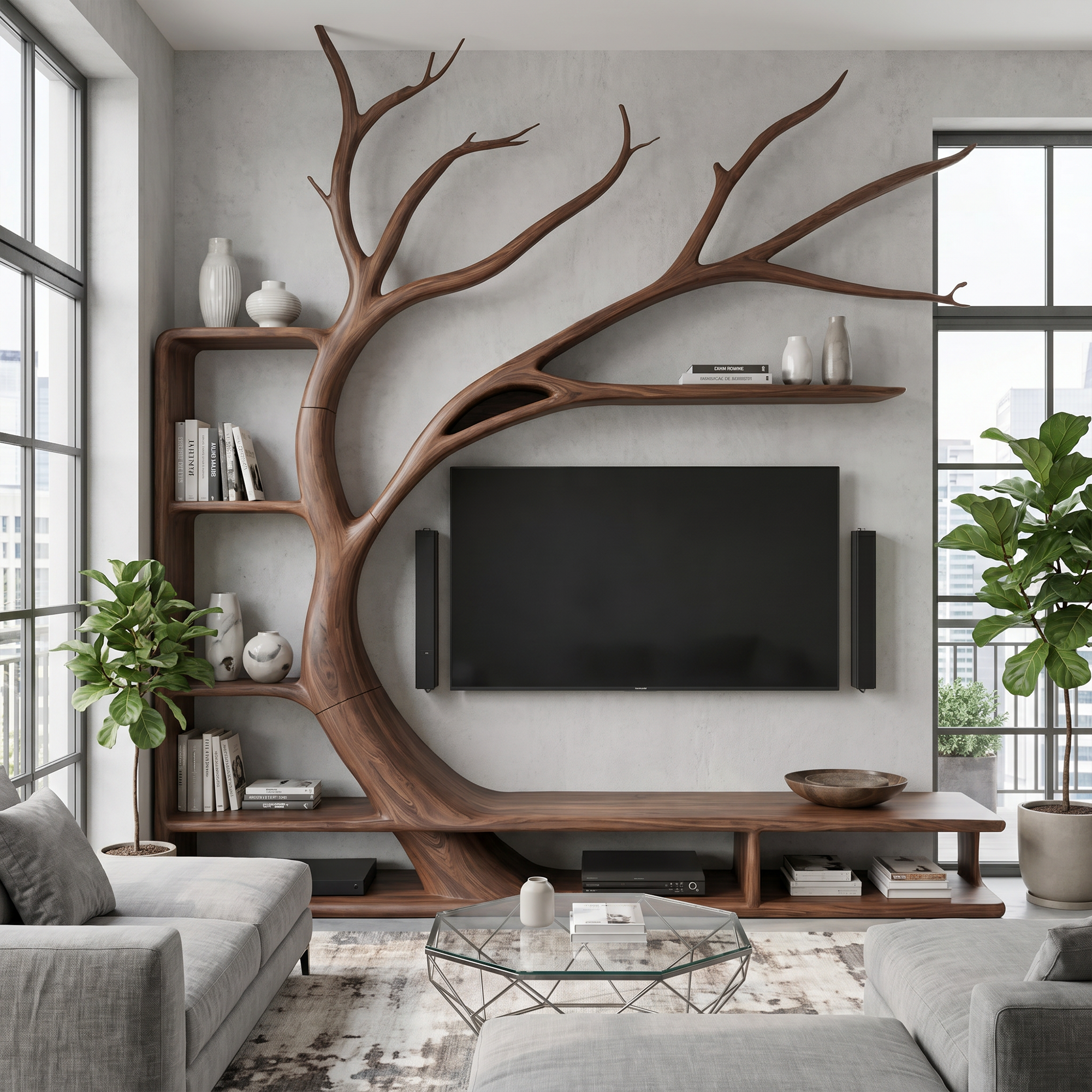 Handcrafted TV Cabinet With Artistic Tree Bookcase For Living Room SINLKITC084