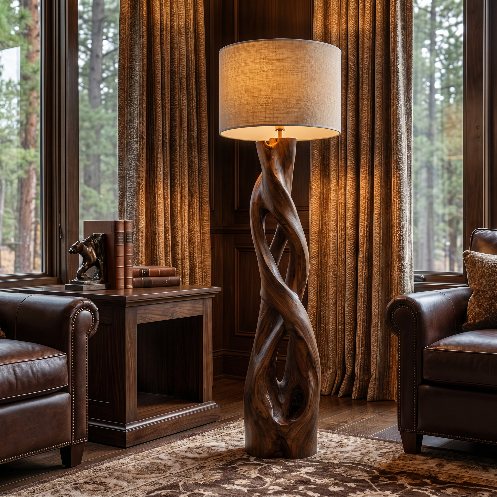 Nature Inspired Floor Lamp With Sculptural Wood Form And Fabric Shade For Living Room SINLKIFLP091