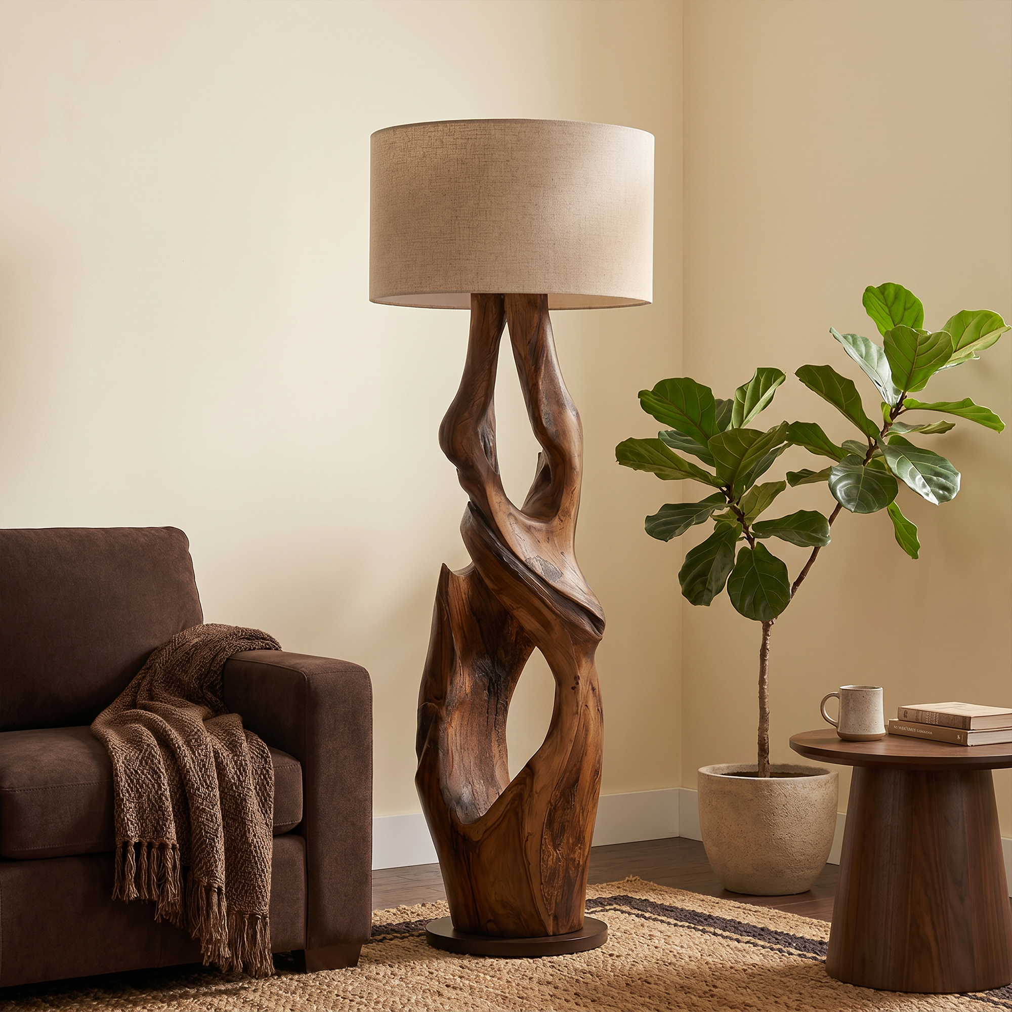 Contemporary Organic Floor Lamp With Artistic Hollow Wood Structure For Living Room SINLKIFLP092