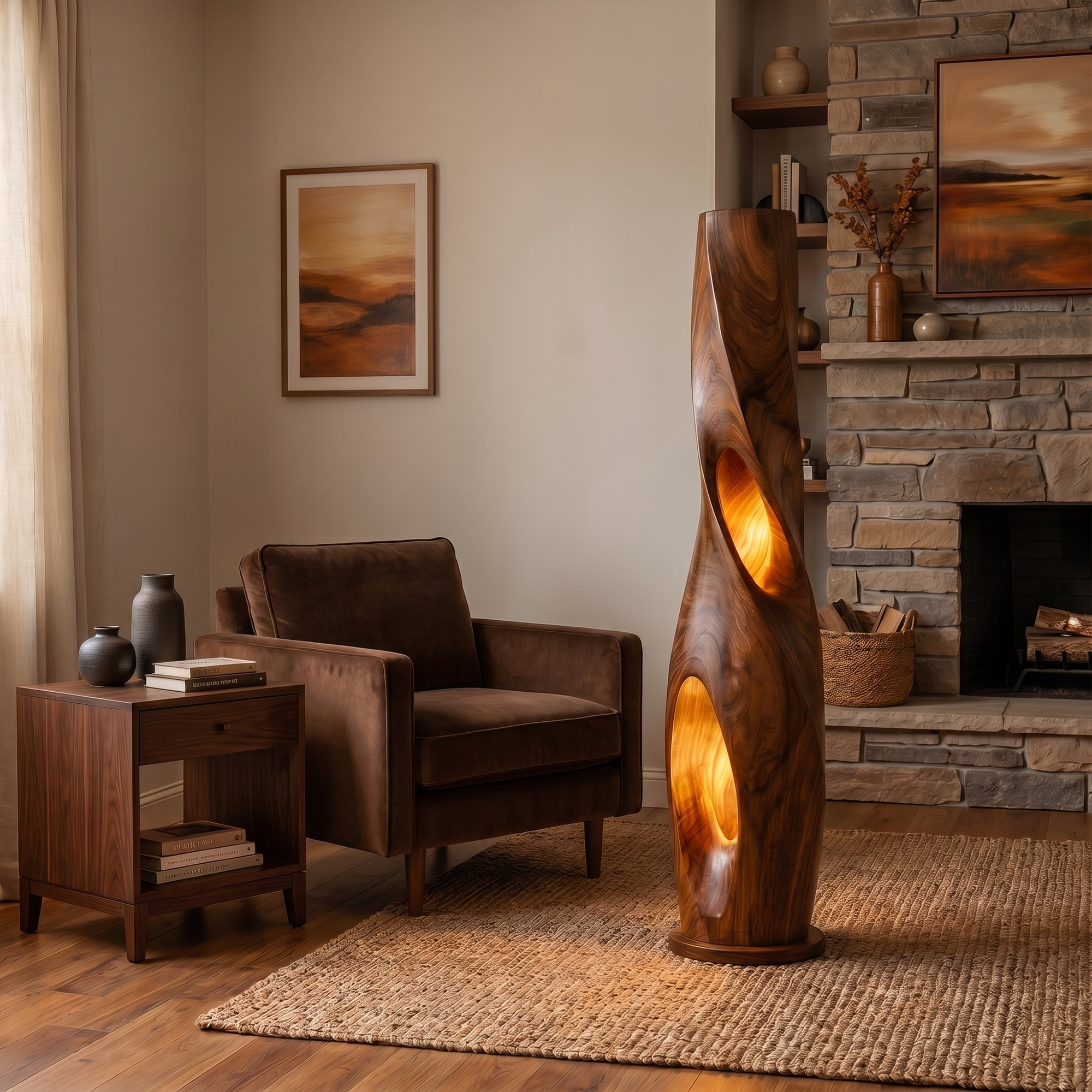 Modern Sculptural Floor Lamp With Hollow Solid Wood Design For Living Room SINLKIFLP095