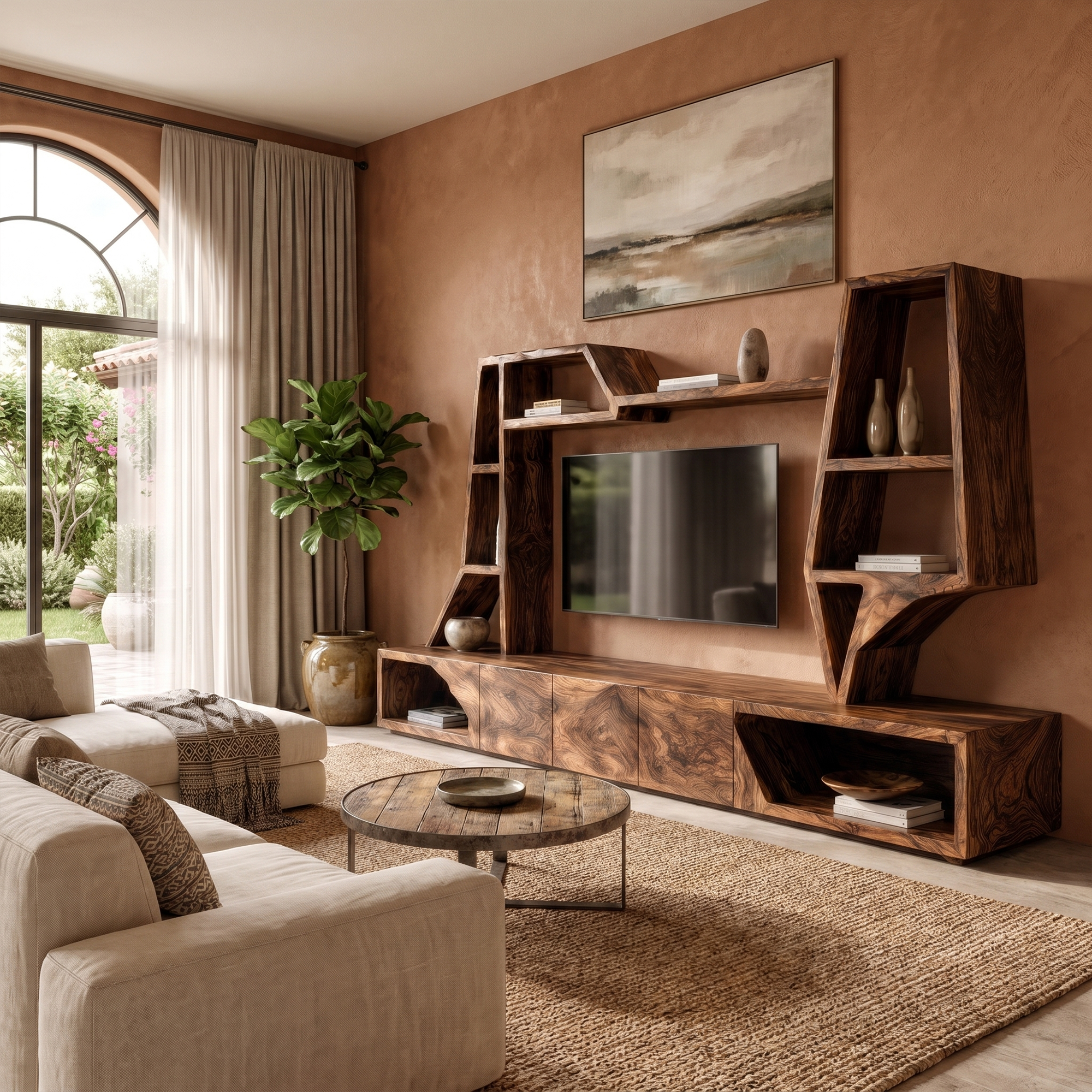 Organic TV Cabinet With Sculptural Branch Shelving And Wall Mounted Storage For Living Room SINLKITC056