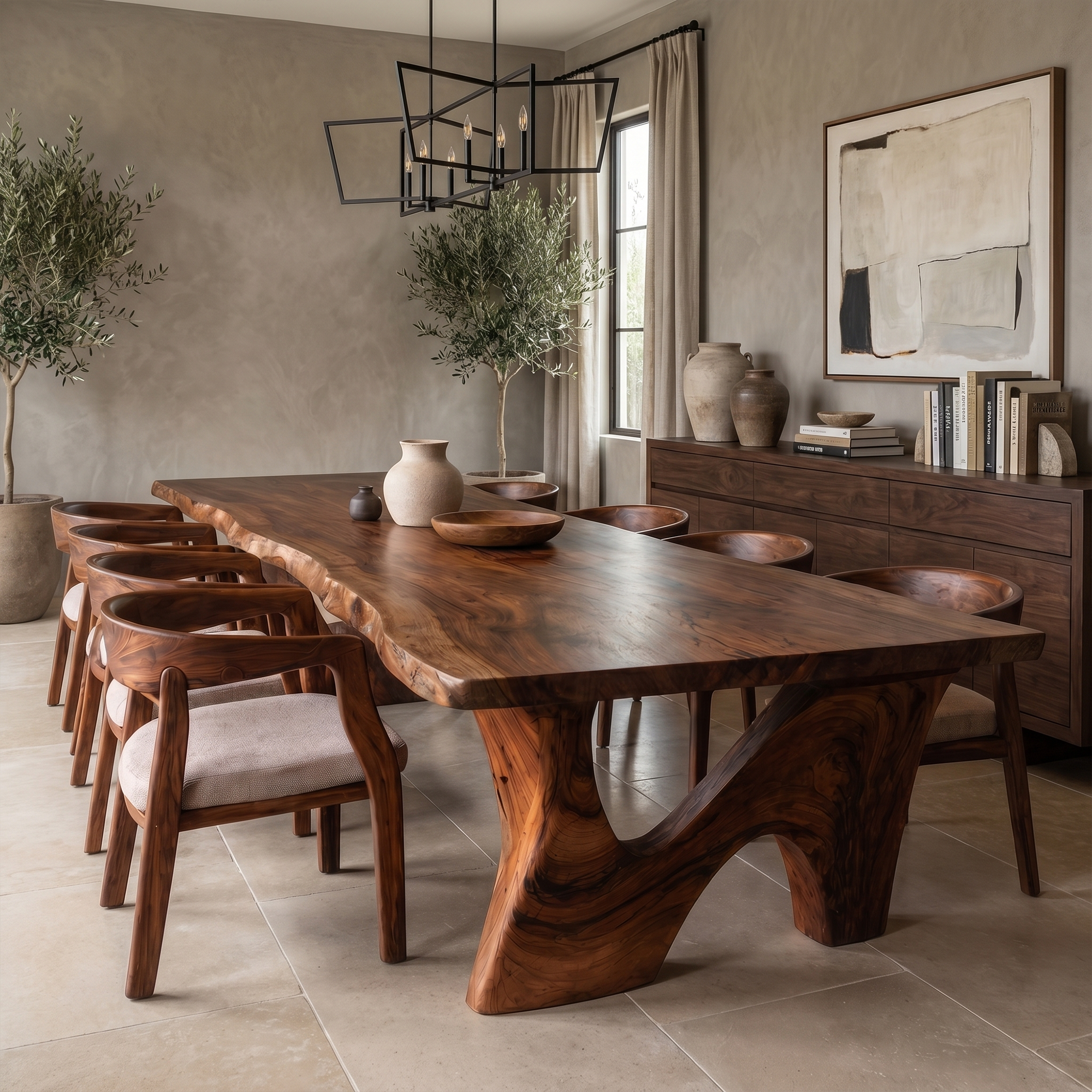 Rustic Modern Dining Table With Solid Wood Top And Sculptural Curved Base For Dining Room SINLKIDT186