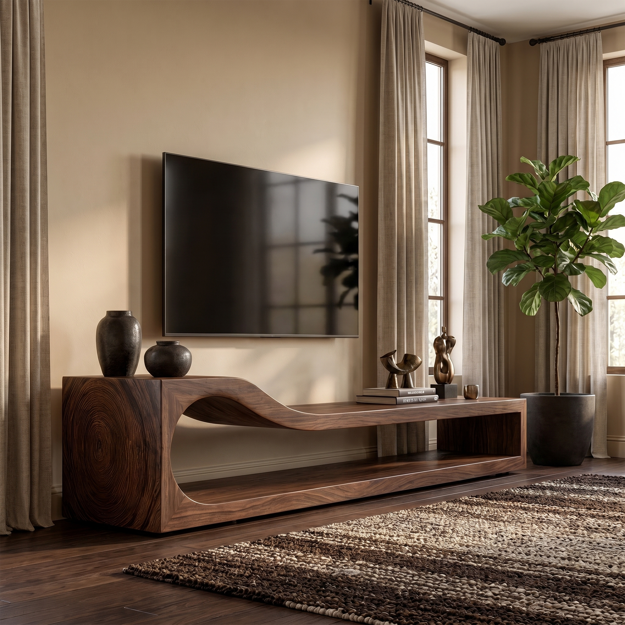 Organic TV Cabinet With Sculptural Wave Wood Base And Solid Wood Media Console For Living Room SINLKITC033