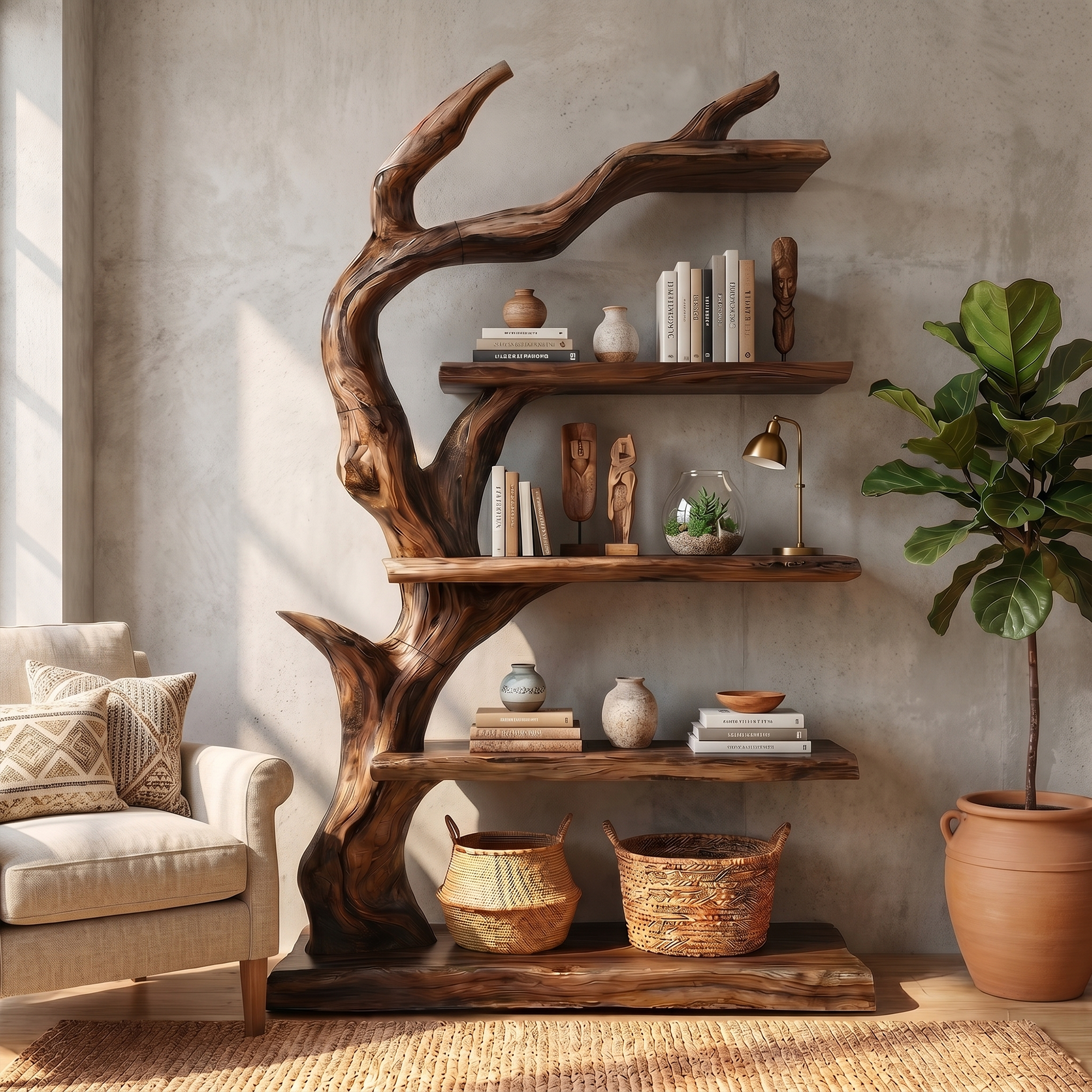 Rustic Tree Bookshelf With Handcrafted Branch Design And Open Display Shelves For Living Room SINLKITB736