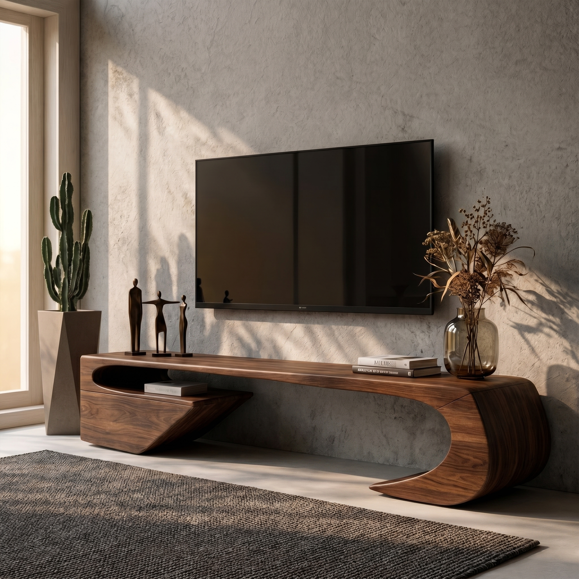 Japandi TV Cabinet With Sculptural Curved Wood Base And Solid Wood Media Console For Living Room SINLKITC035
