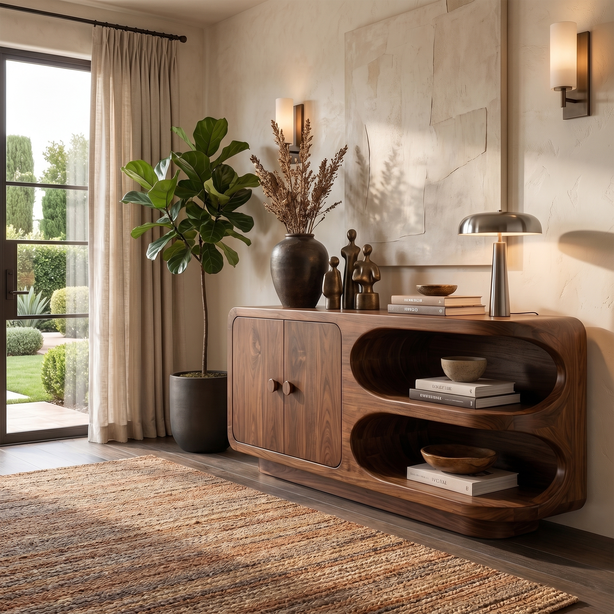 Organic Sideboard With Rounded Solid Wood Frame And Open Display Shelves For Living Room SINLKISC526