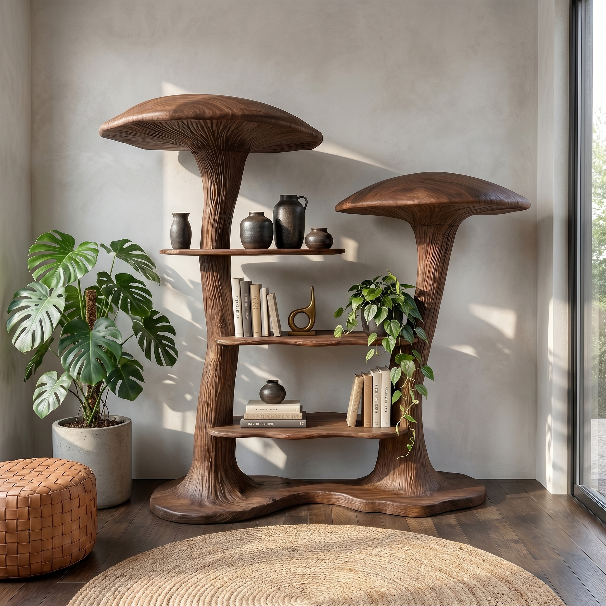 Organic Modern Mushroom Bookcase With Sculptural Solid Wood Form For Living Room SINLKITB742