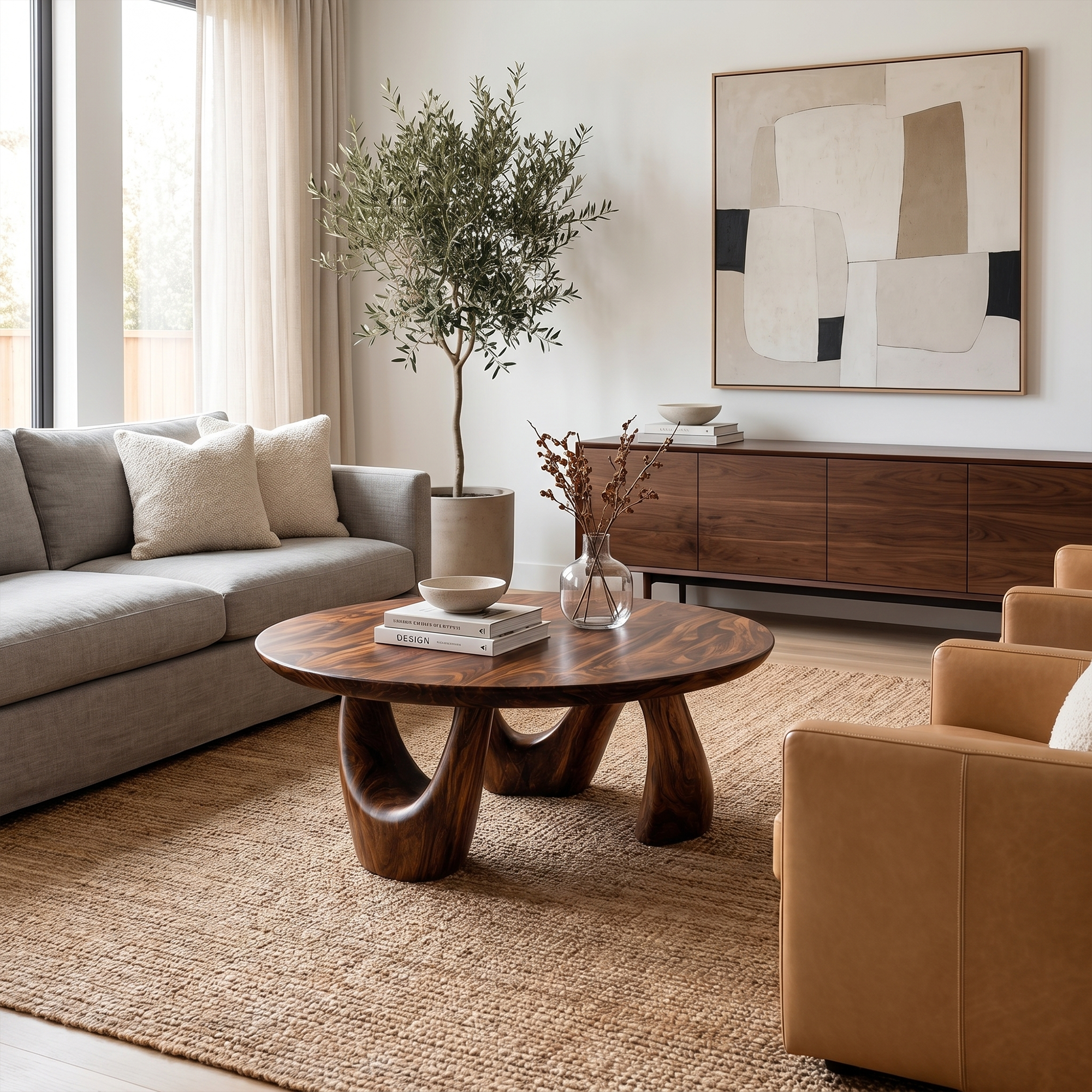 Organic Coffee Table With Freeform Live Edge Top And Sculptural Loop Wood Base For Living Room SINLKICF378
