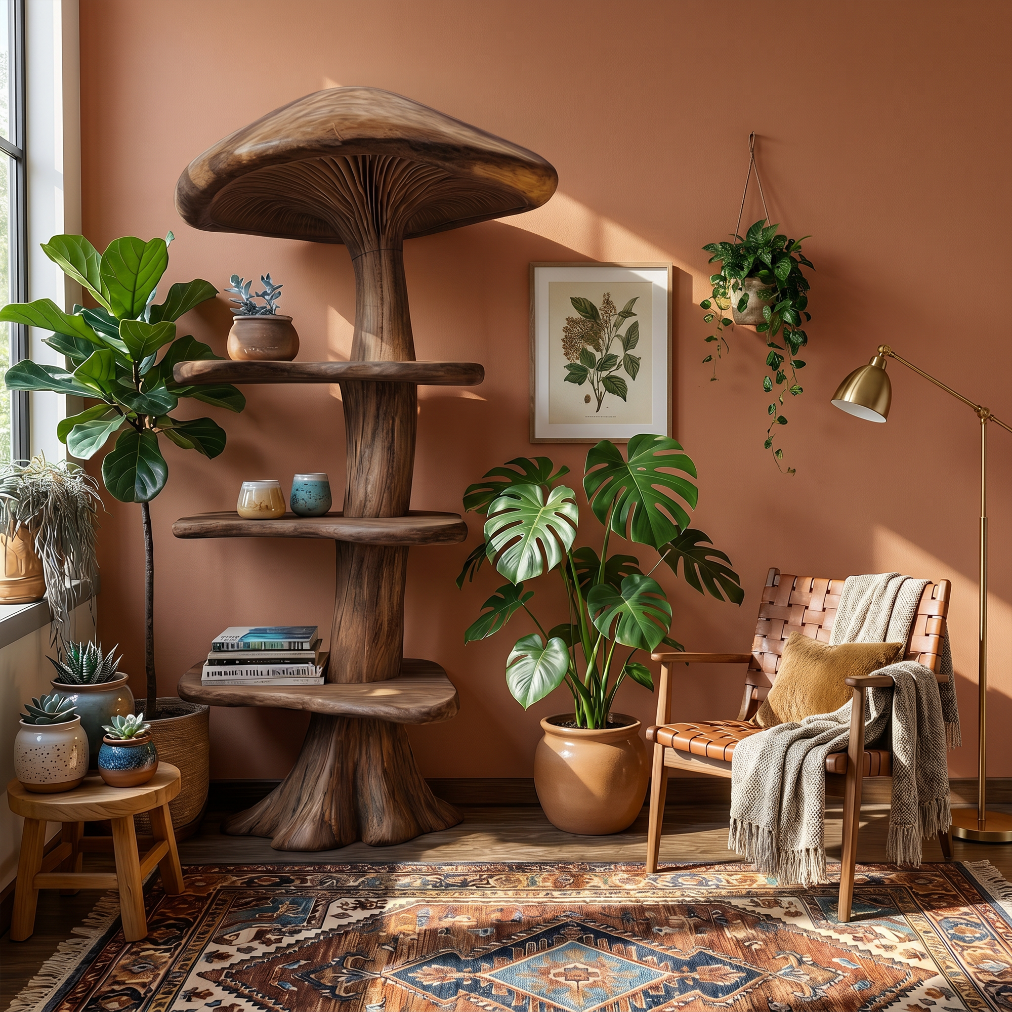 Organic Mushroom Bookshelf With Handcrafted Solid Wood Shelves For Living Room SINLKITB745