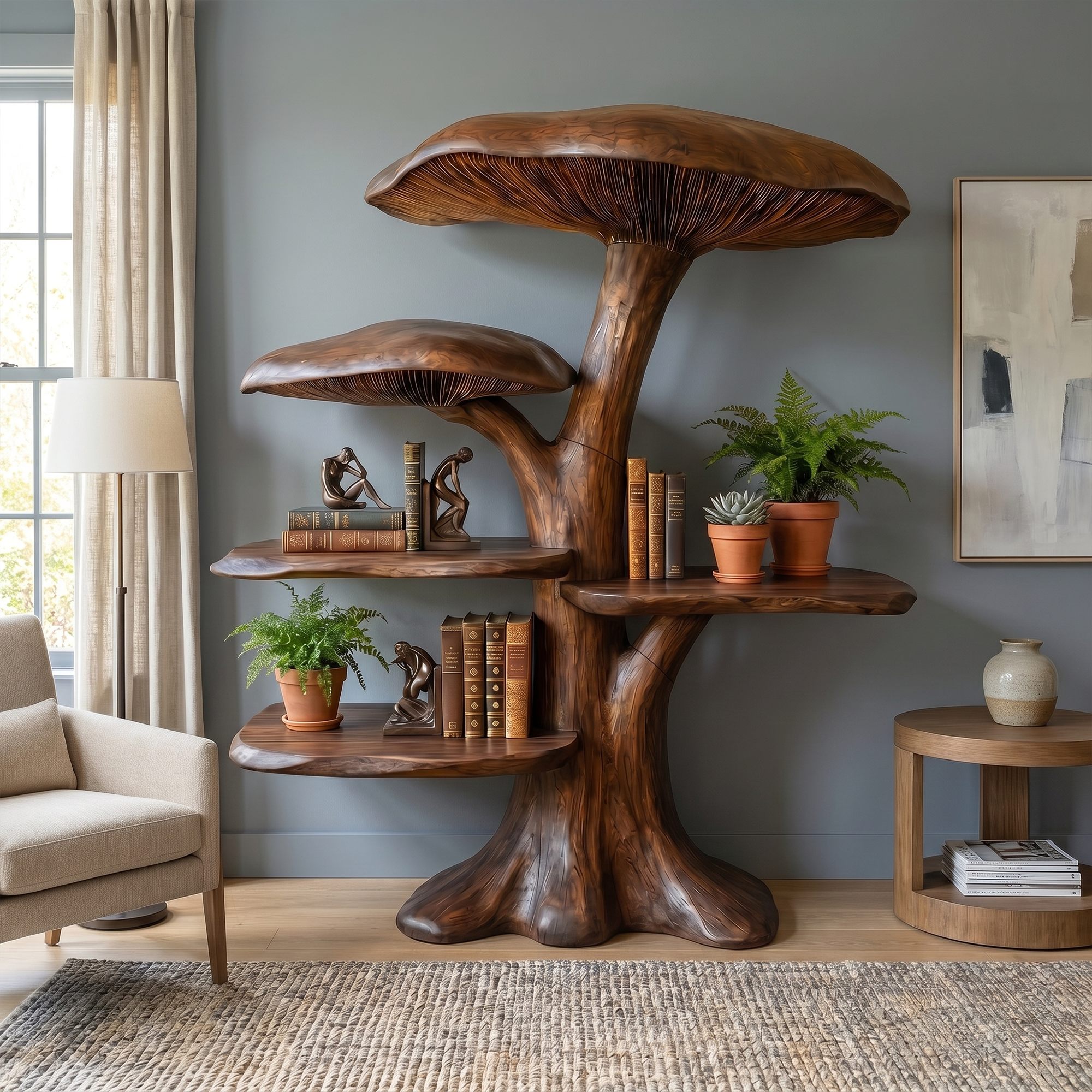 Organic Mushroom Shelf With Sculptural Solid Wood Form For Living Room SINLKITB747