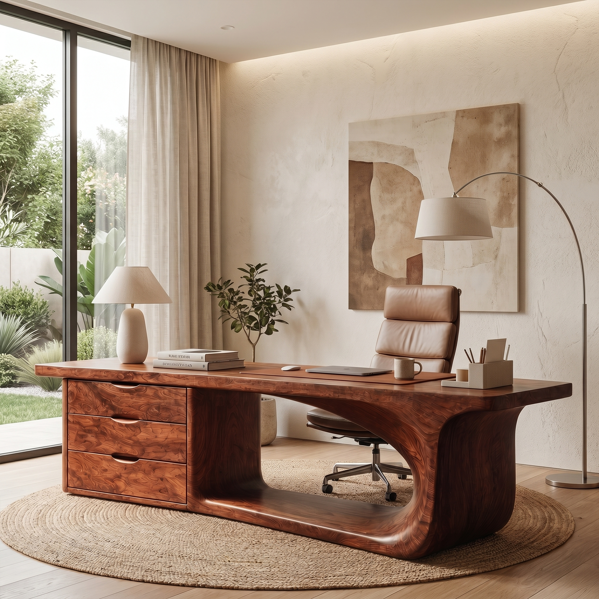 Rustic Executive Desk With Sculptural Solid Wood Base And Integrated Storage For Home Office SINLKIDK117
