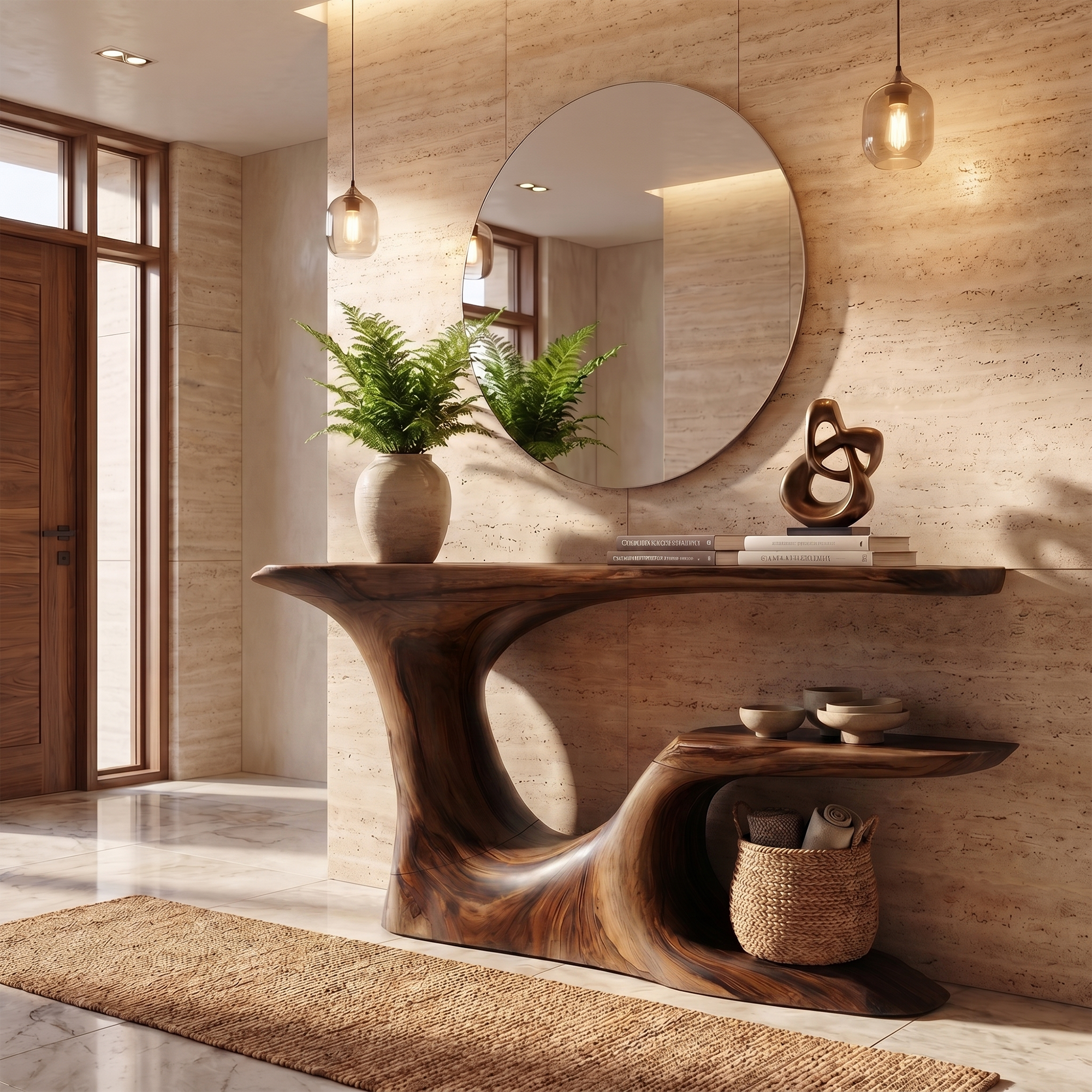 Rustic Organic Console Table With Live Edge Top And Sculptural Solid Wood Base For Entryway SINLKICS603