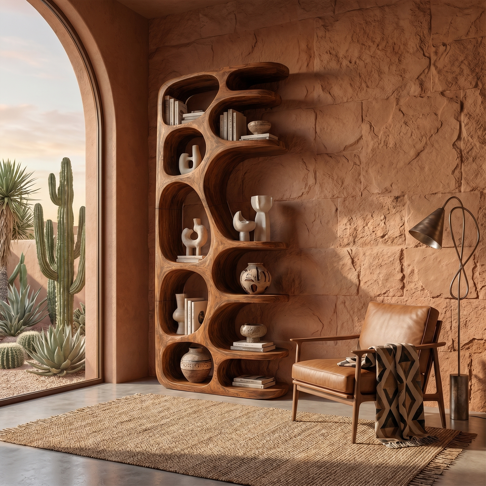 Minimalist Sculptural Bookshelf With Solid Wood Construction For Living Room SINLKIBS037