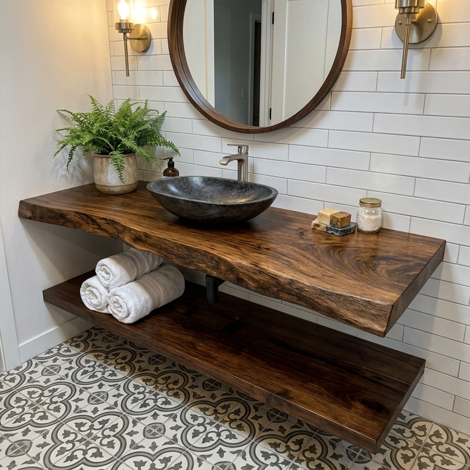 Mid Century Bathroom Vanity Shelf Curved Edge Wood Bathroom Look SINLKIBRV232