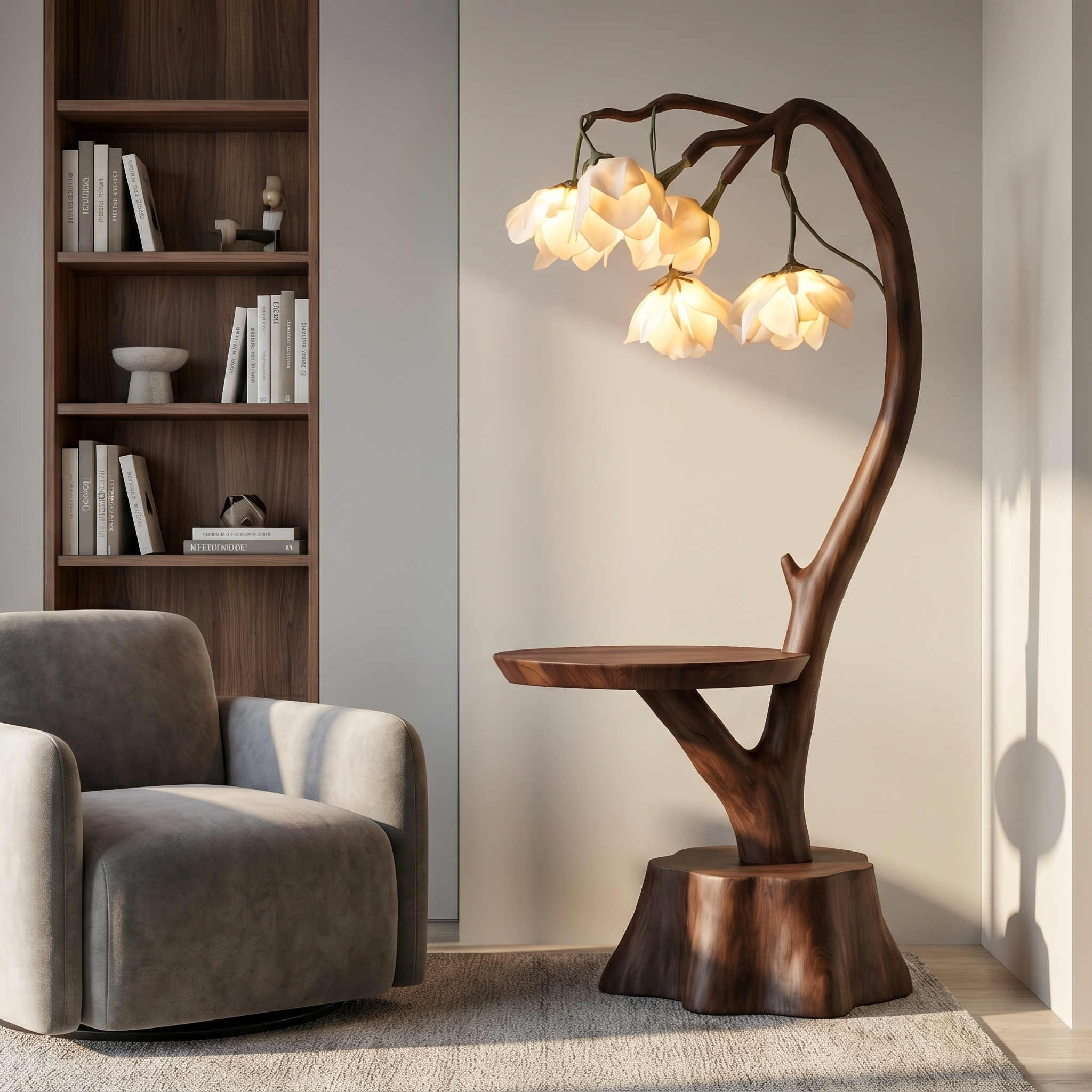 Sculptural Flower Floor Lamp With Handmade Wood Base For Living Room And Bedroom SINLSAFLP075