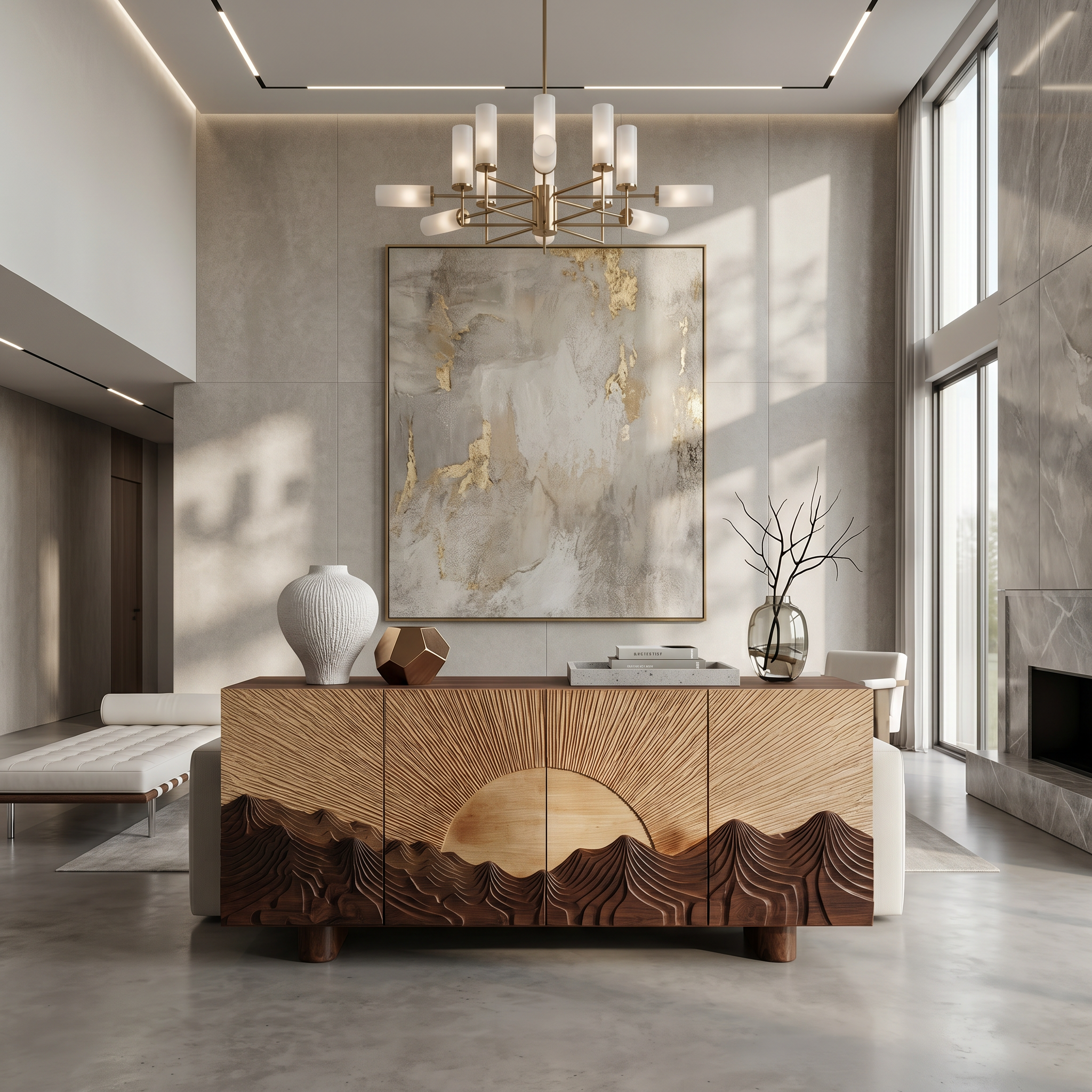 Rustic Mountain Sunrise Sideboard With Carved Wood Doors For Living Room SINLSASC515