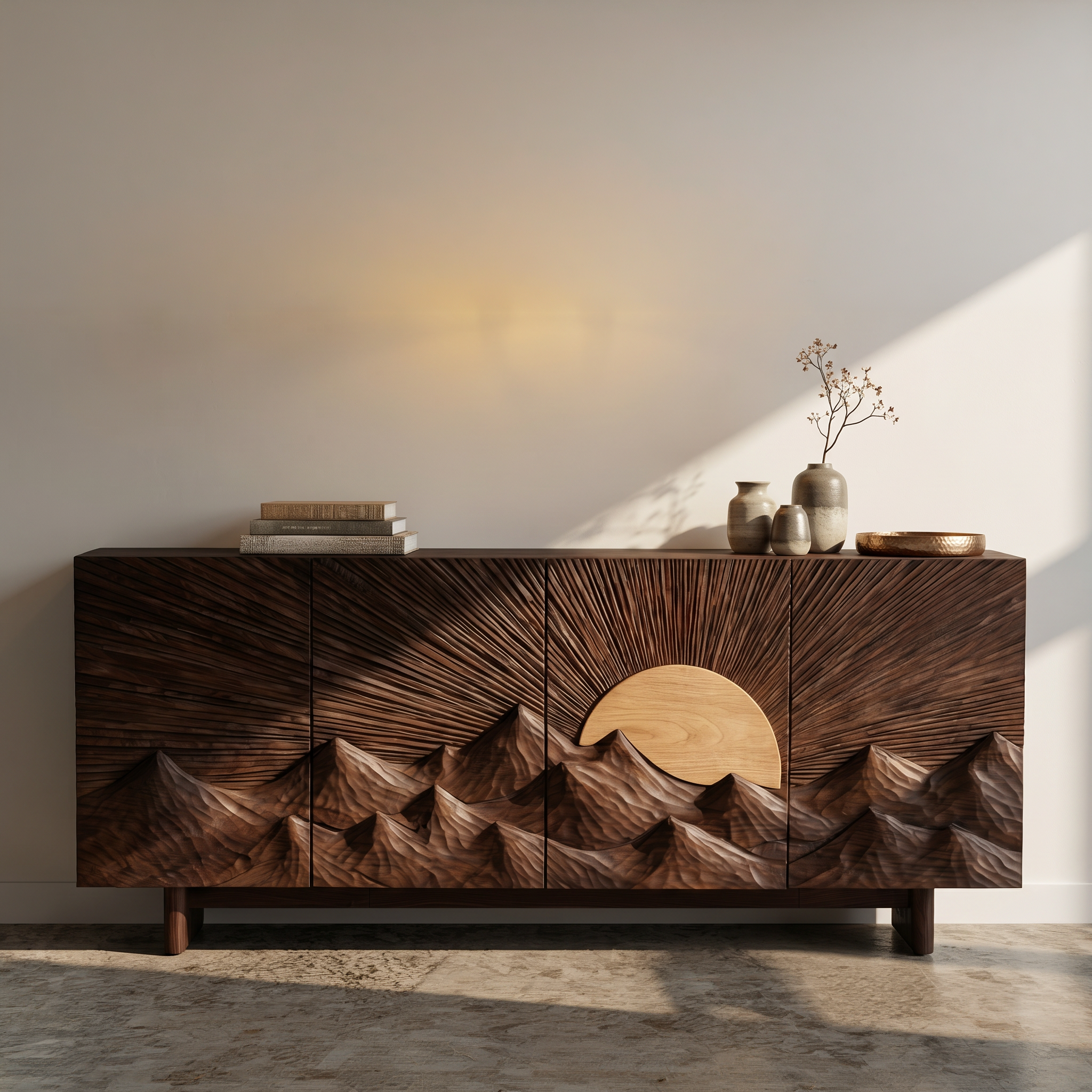 Contemporary Landscape Sideboard With Sculptural Carved Wood Doors For Living Room SINLSASC517