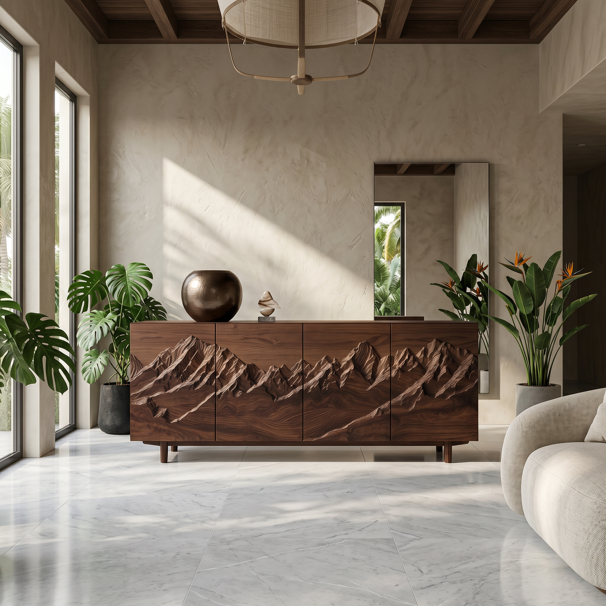 Rustic Mountain Landscape Sideboard With Carved Wood Doors For Living Room And Entryway SINLSASC518