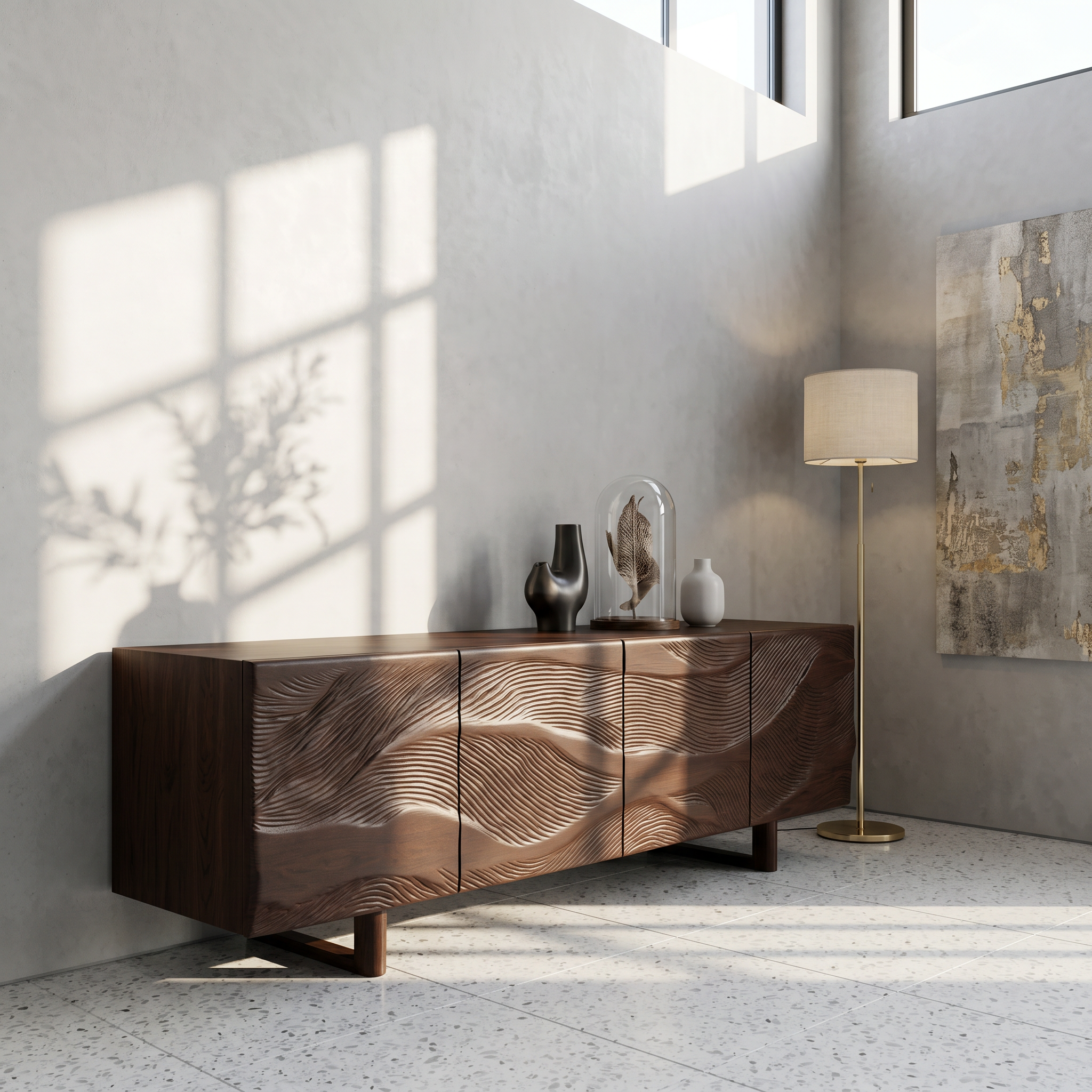 Modern Sideboard With Sunburst Carved Wood Doors For Living Room SINLSASC525
