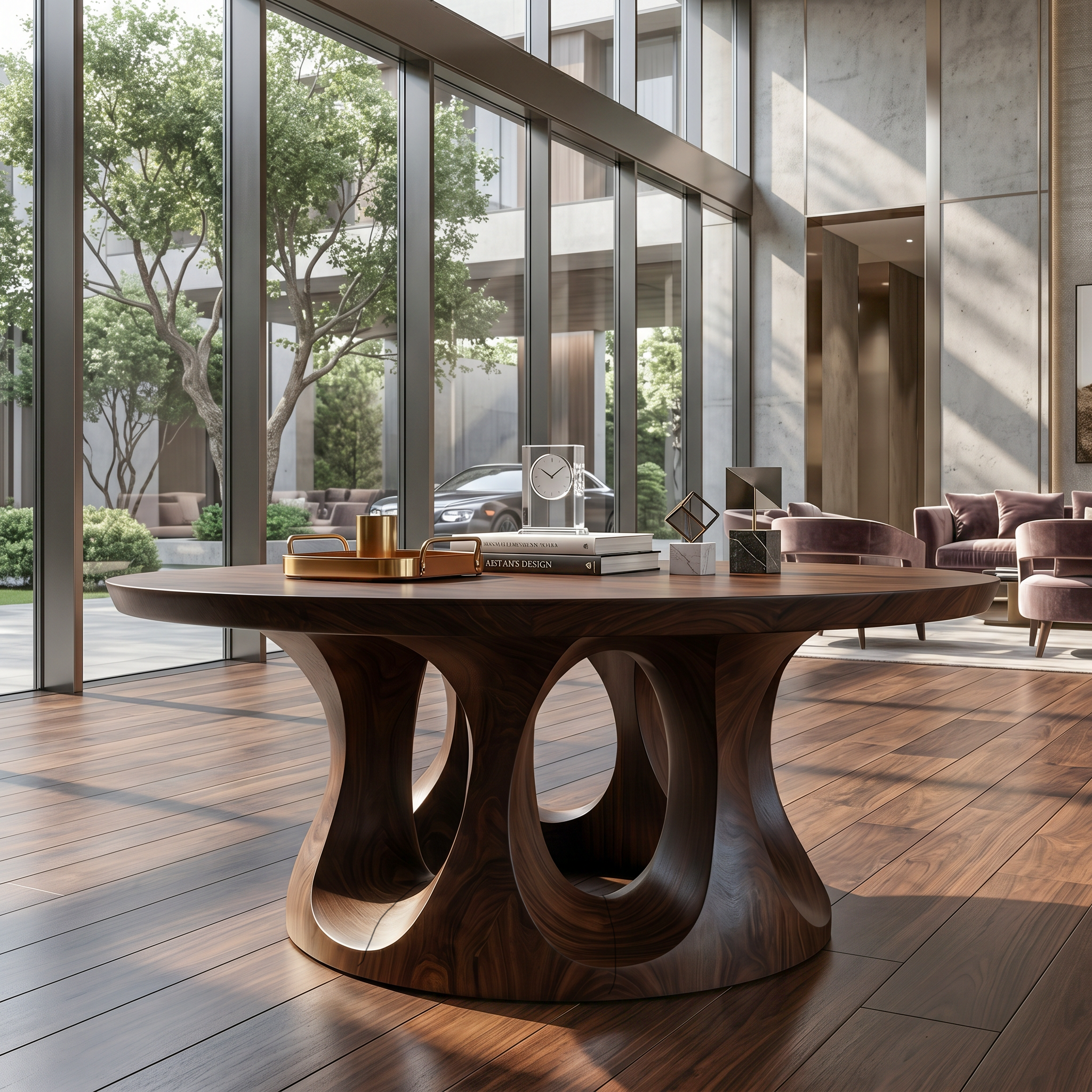 Organic Round Foyer Table With Sculptural Dual Ring Pedestal Base For Entryway And Hallway SINLSAFT045