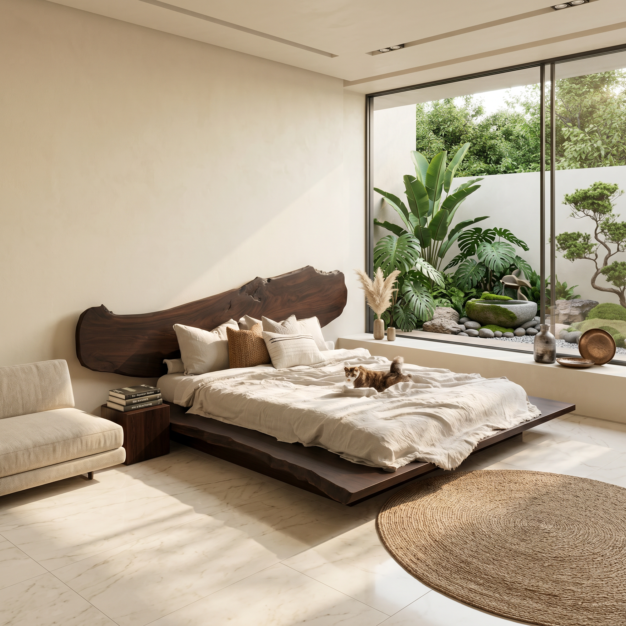 Luxury Organic Bed Frame With Sculptural Solid Wood Headboard And Floating Platform Design For Bedroom SINLSAWB131
