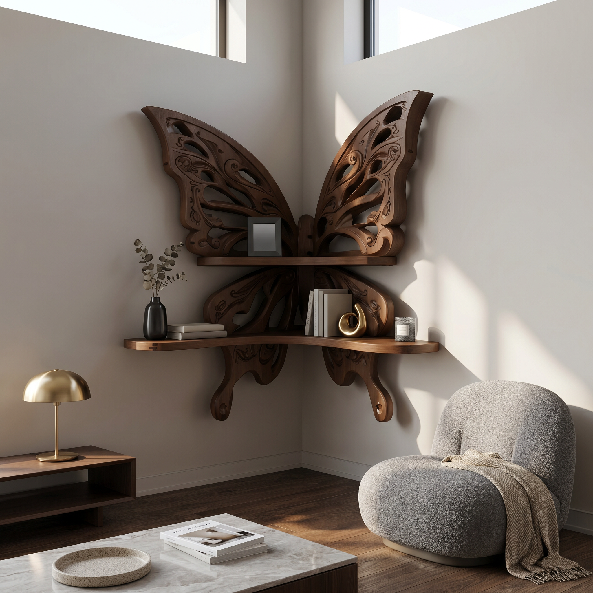 Butterfly Inspired Floating Shelf With Sculptural Live Edge Wood Design For Living Room SINLSAFL545