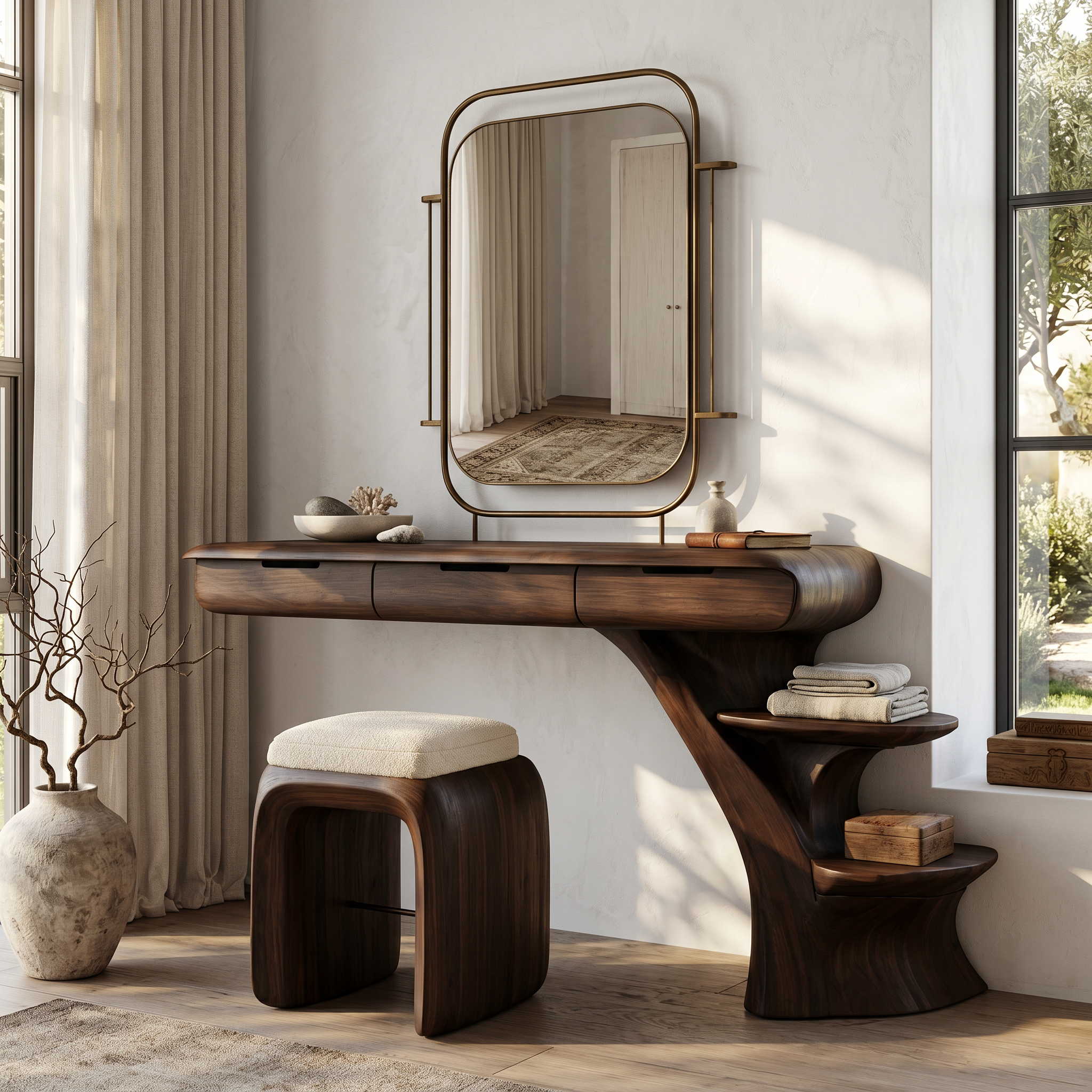 Sculptural Dressing Table With Open Storage Shelves For Bedroom SINLSABDT086