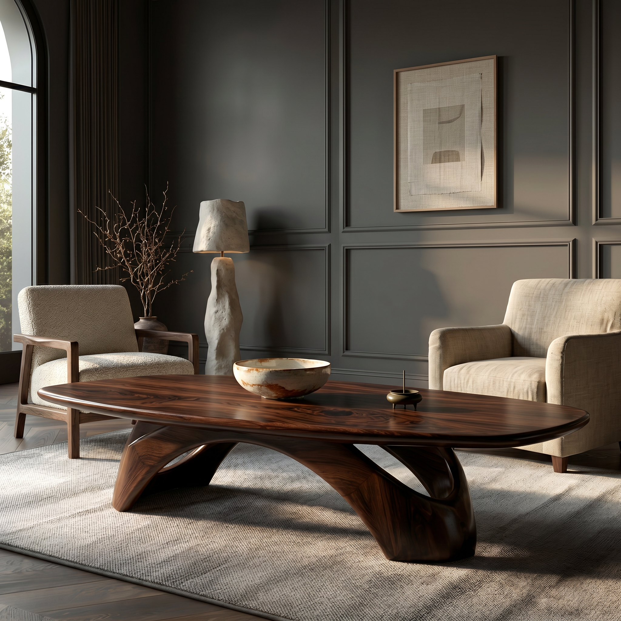 Rustic Coffee Table With Sculptural Wooden Base For Living Room SINLSACF405