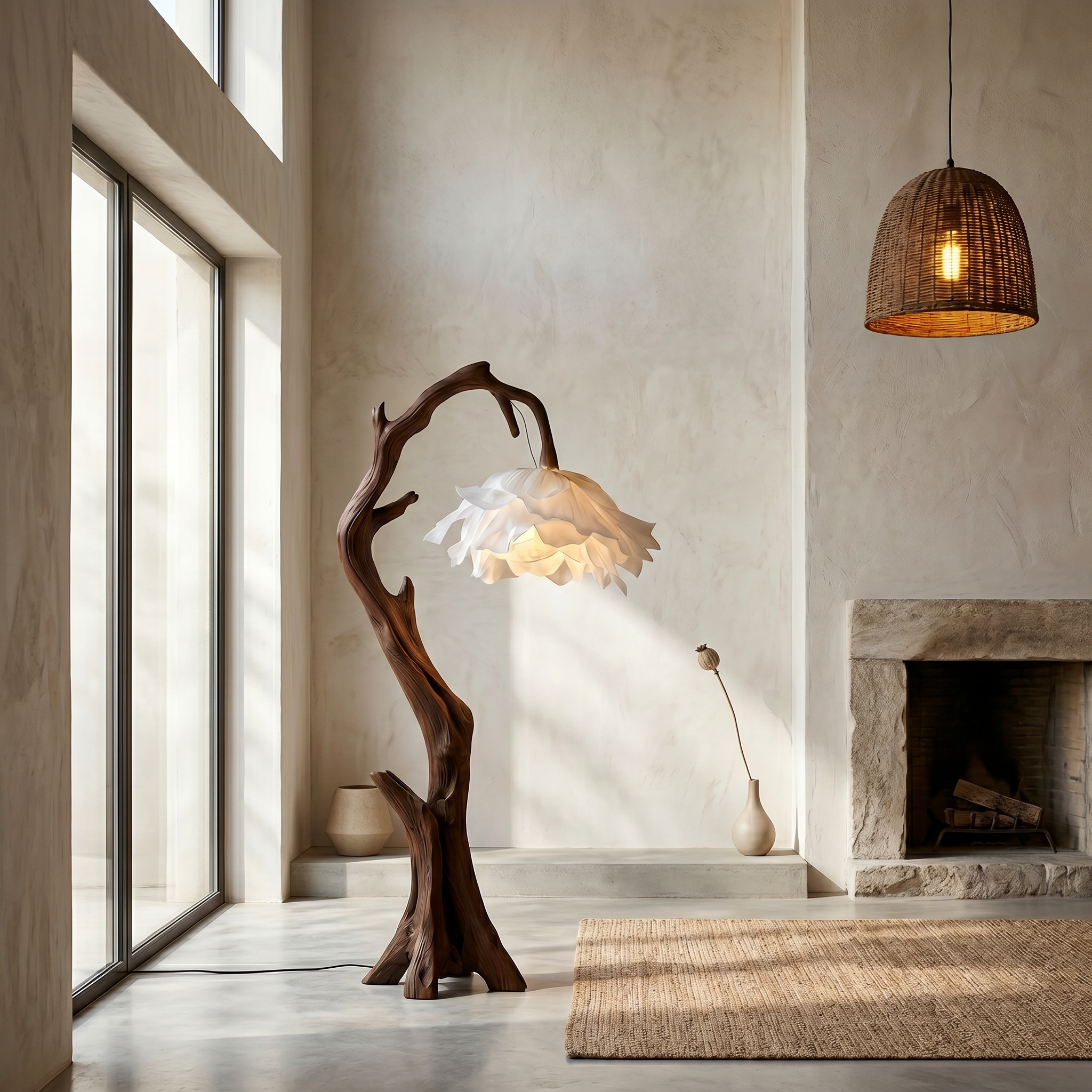Nature Inspired Flower Floor Lamp With Solid Wood Base For Living Room And Bedroom SINLSAFLP081