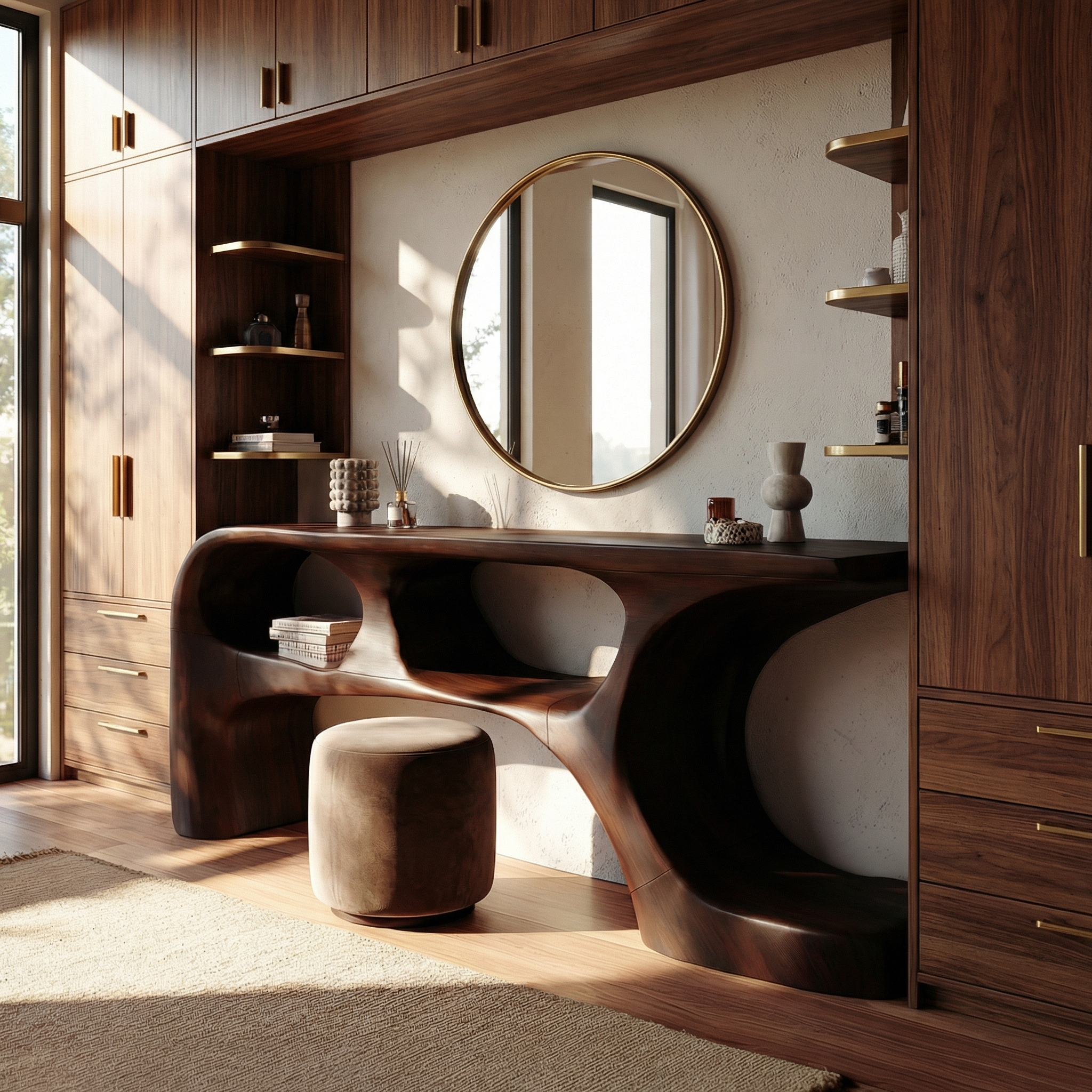 Sculptural Dressing Table Solid Wood Flowing Curve With Shelf Design Bedroom And Vanity Space SINLSABDT059