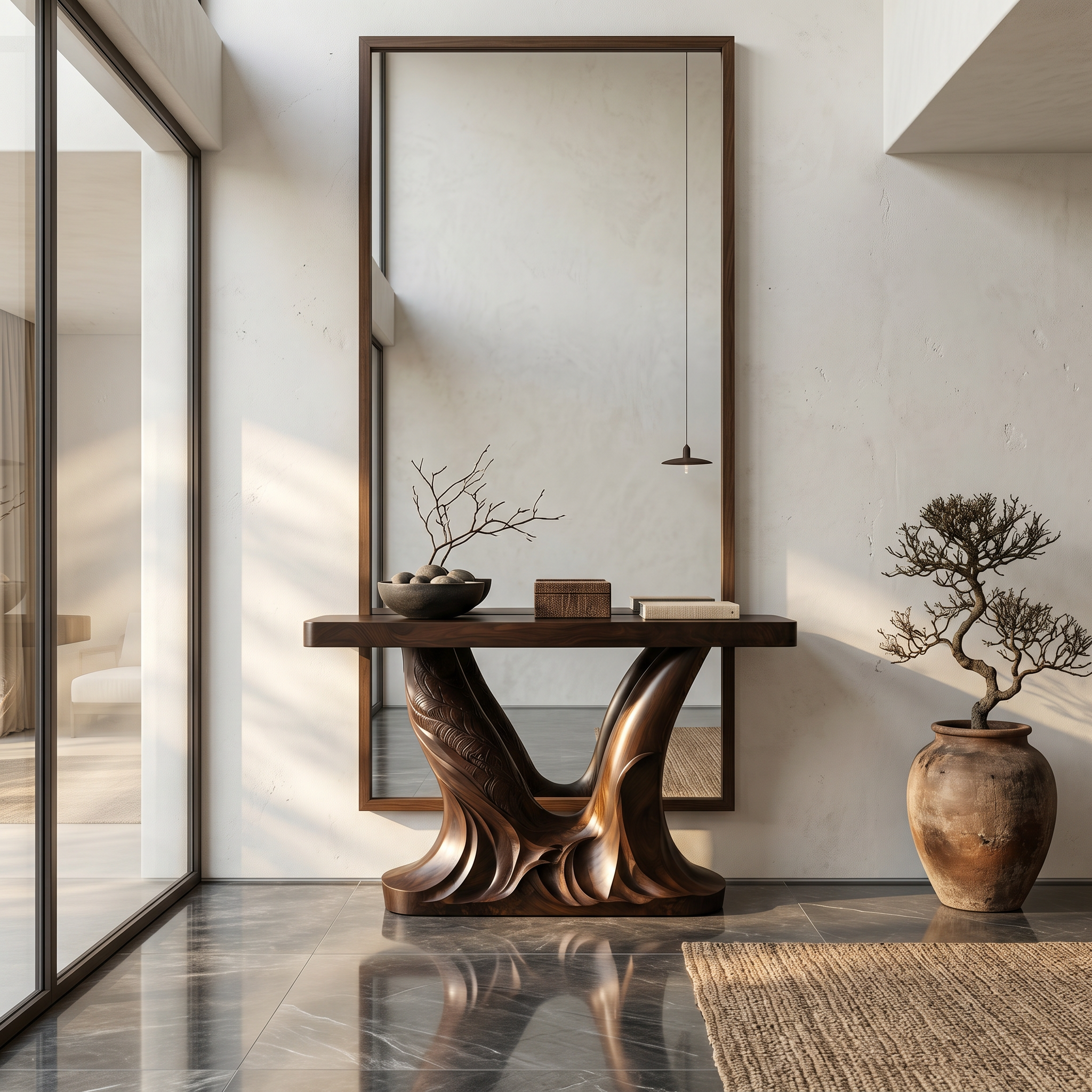 Organic Console Table With Sculptural Double Pedestal Base For Entryway SINLSACS628