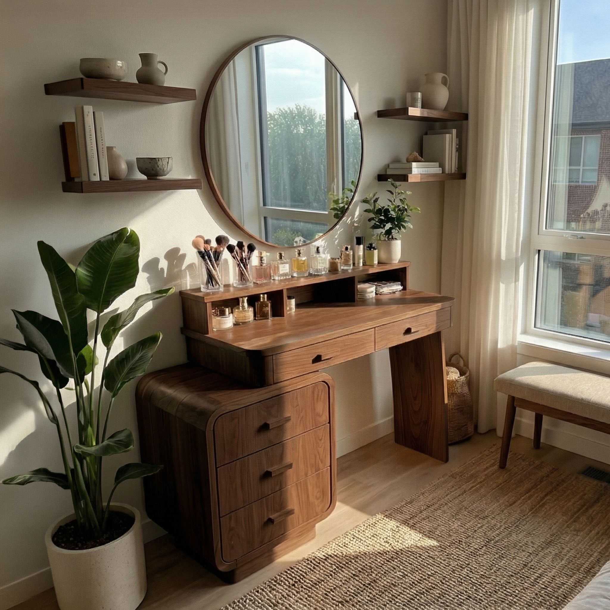 Mid Century Dressing Table With Storage Cabinet Soft Rounded Design For Bedroom SINLSABDT055