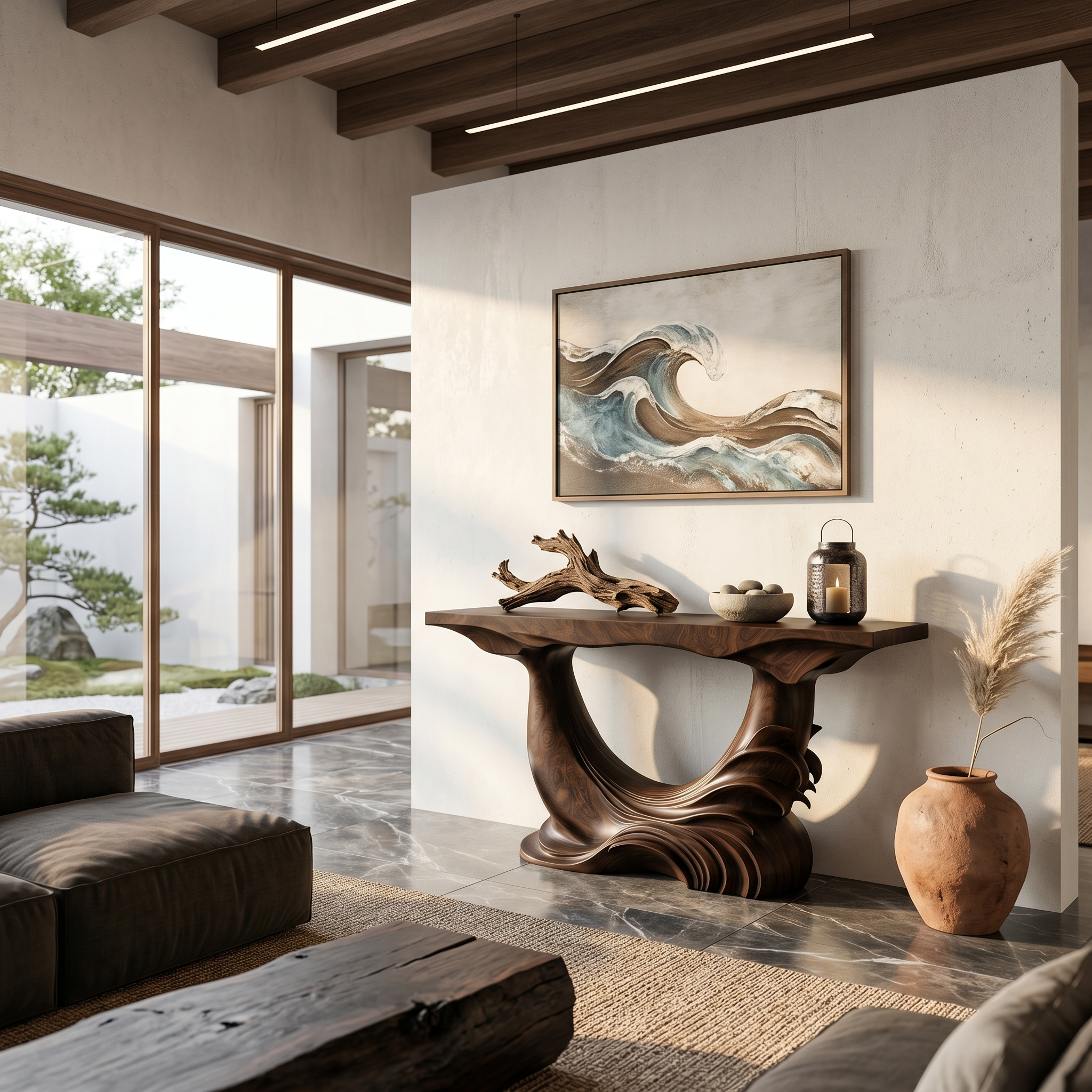 Natural Console Table With Flowing Wood Sculpture For Hallway SINLSACS633