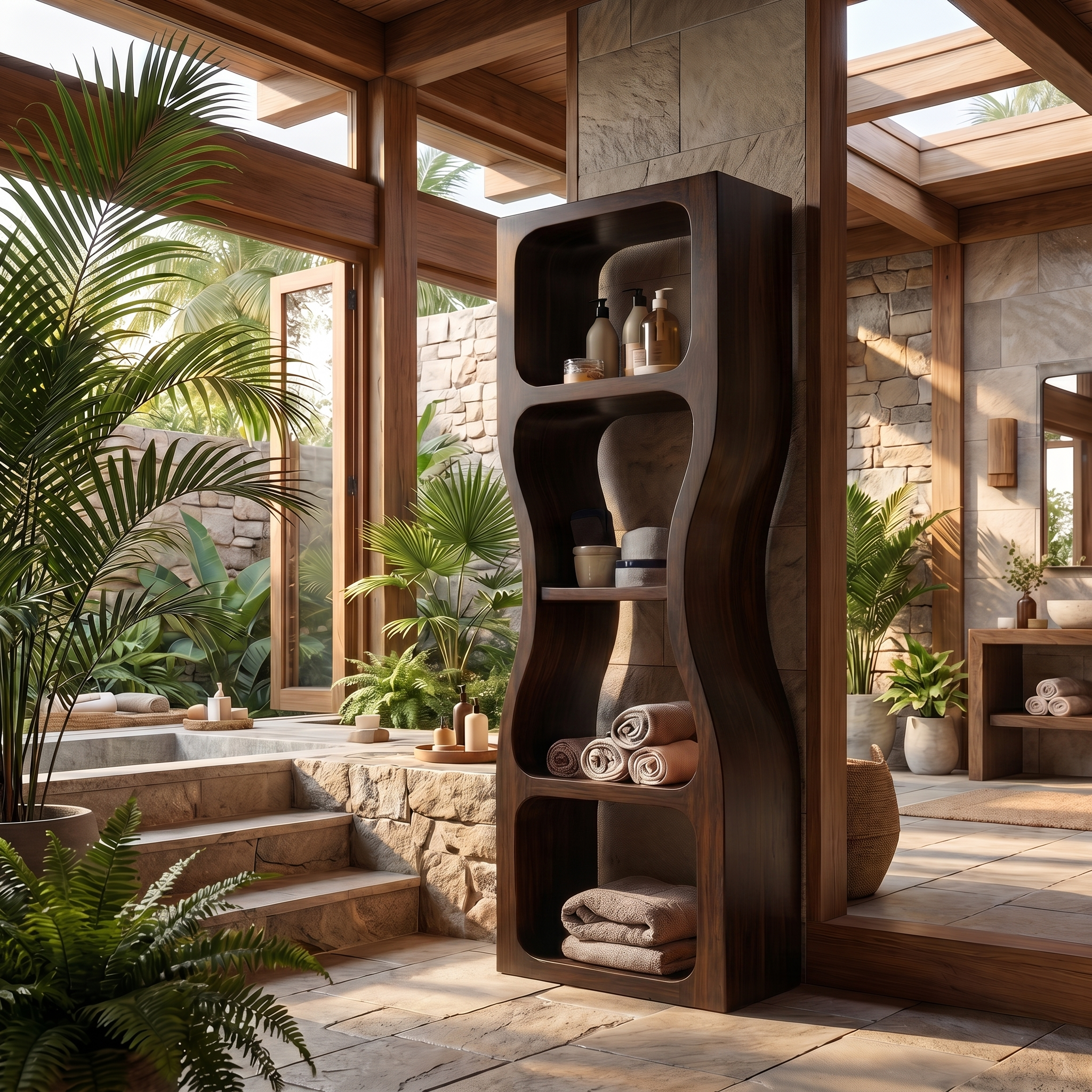 Rustic Modern Bathroom Storage Cabinet With Sculptural Wave Design And Open Shelves For Bathroom SINLSABCT027