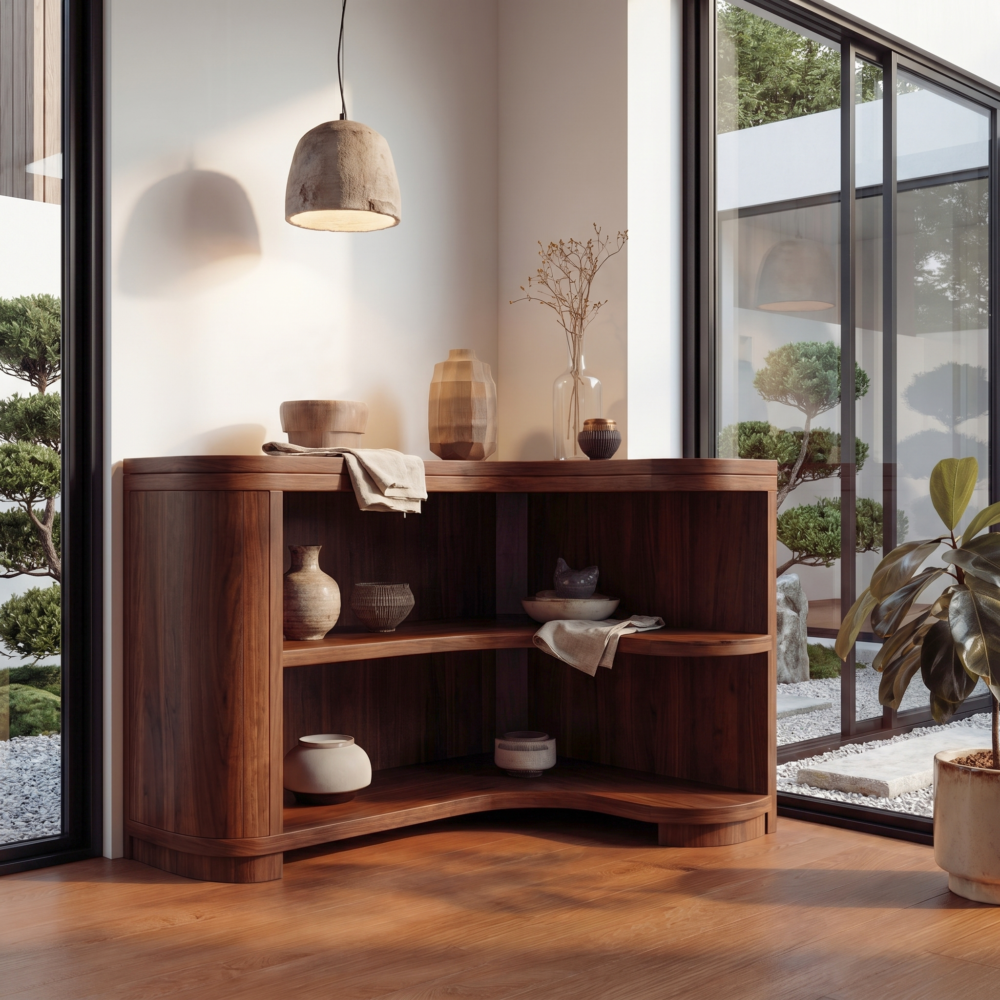 Modern Organic Corner Bookshelf With Solid Wood Open Shelves And Curved Design For Living Room And Bedroom SINLSABS022