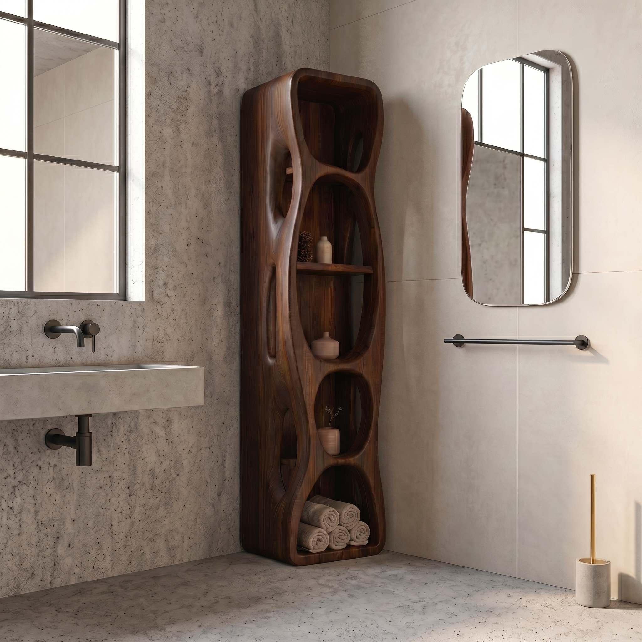 Sculptural Bathroom Cabinet With Hollow Cut Design And Open Shelving For Bathroom SINLSABCT032