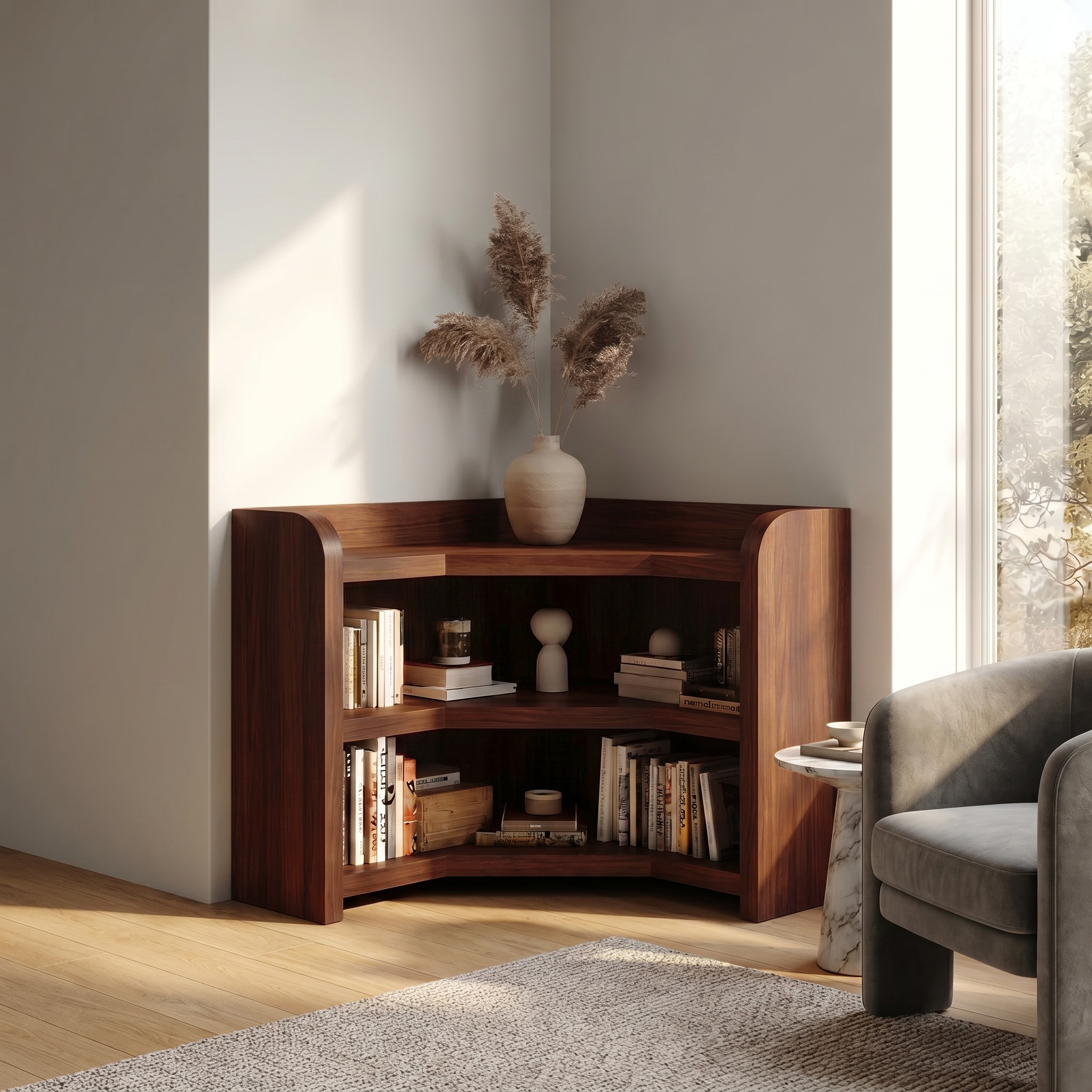 Natural Wooden Bookshelf With Rounded Edges And Open Shelves For Living Room And Bedroom SINLSABS028